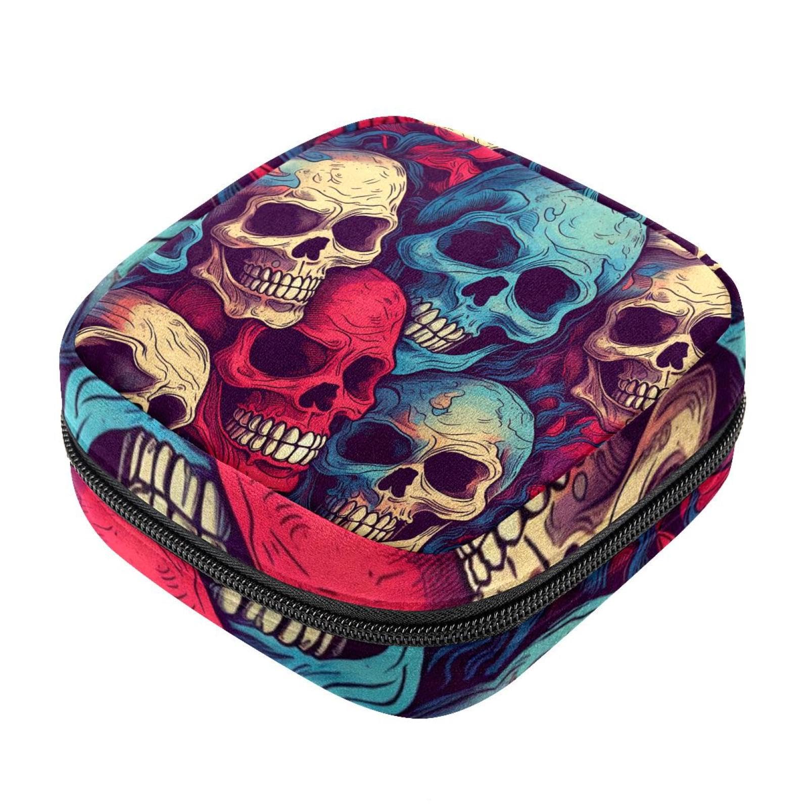 Portable Sanitary Napkin Storage Bag for Women & Girls - Large Capacity First Period Pads Holder, Travel Makeup Organizer with Human Skeleton Skull Design | Ideal for School, Gym, Travel & Daily Use