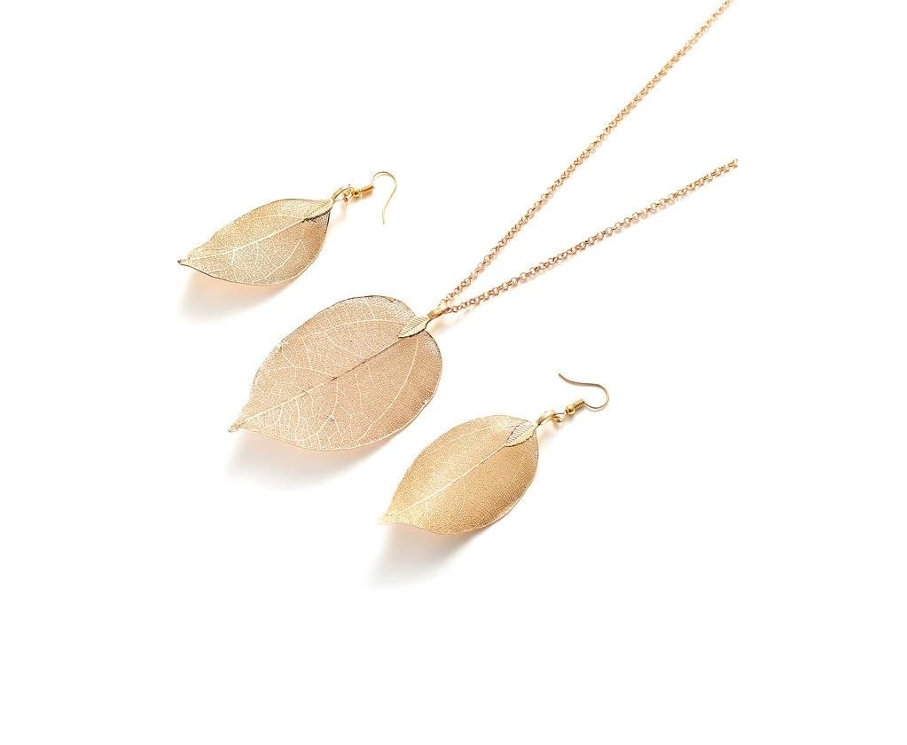 Elegant Light Filigree Long Leaf Earrings & Necklace Set with Swarovski Crystals - Diamond Accent Leaf Pendant Dangle Jewelry - Perfect Fashion Gift for Women & Girls - Ideal for Weddings, Parties & Special Occasions
