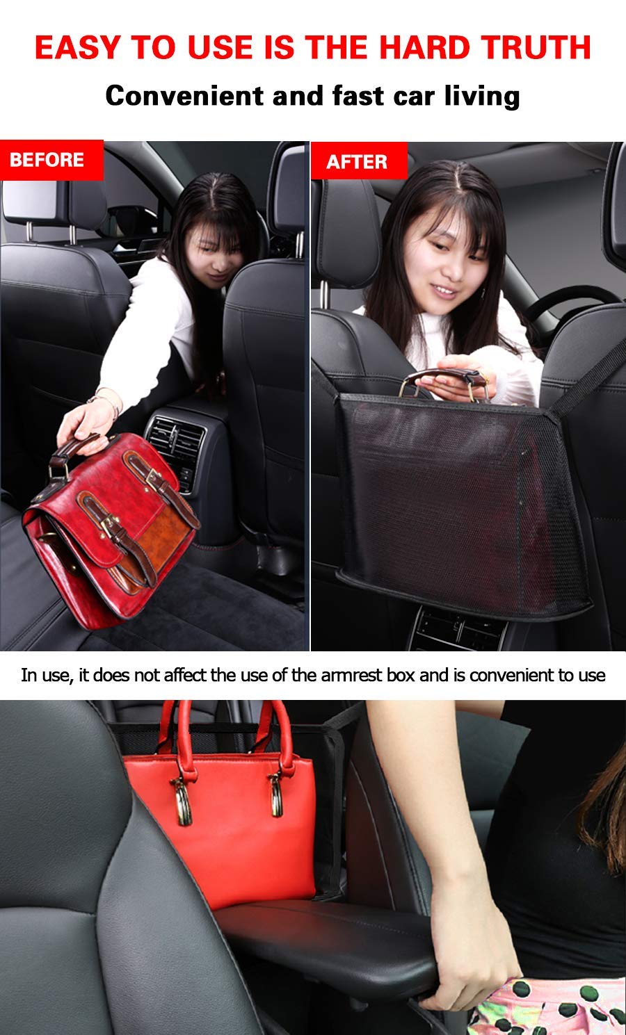Car Purse Holder - Black Net Pocket Handbag Organizer for Seat Back, Attaches to Headrest - Perfect for Road Trips, Shopping & Daily Commute