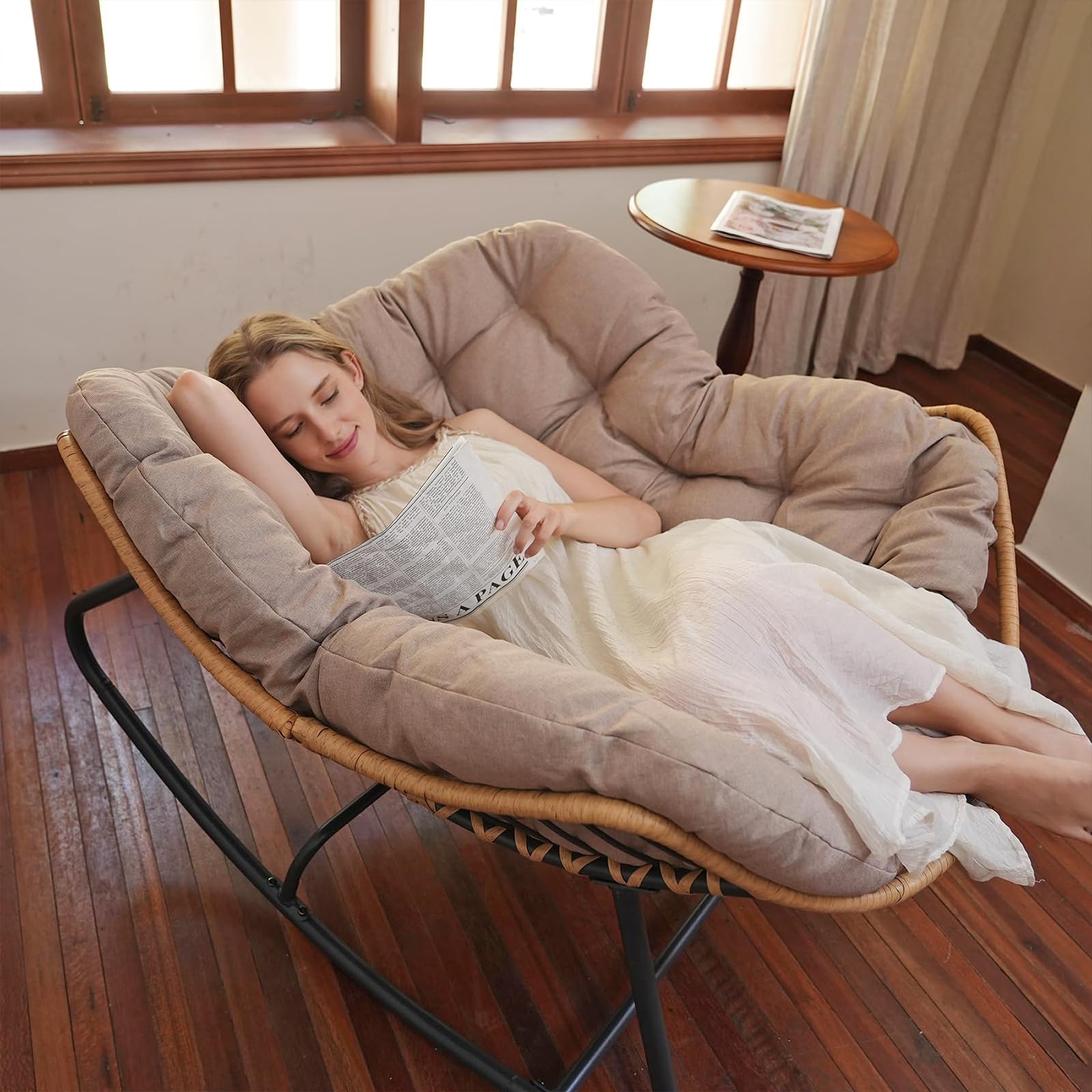 SWITTE Outdoor Rocking Chair - Egg-Shaped Patio Chair with Rattan Wicker Design, Modern Papasan Lounge Chair for Indoor & Outdoor Use - Perfect for Bedroom, Living Room, Porch, Garden and Lawn Relaxation (Beige)