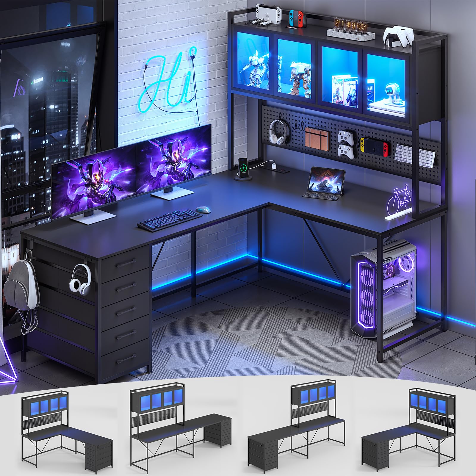 SEDETA L-Shaped Gaming Desk with Drawers, Hutch & Storage Shelves - Black Corner Computer Desk with Pegboard, LED Lights & Power Outlet for Home Office | Perfect for Gaming Setup, Workstation & Small Space Organization