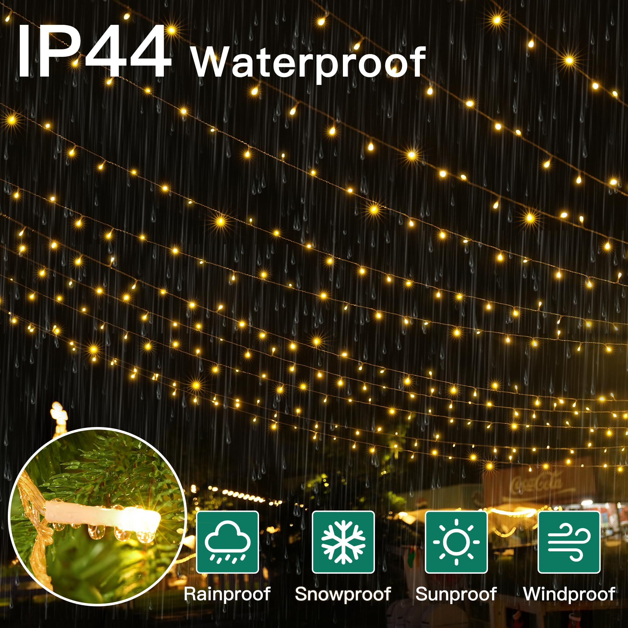 Shineshine 197FT 600LED Christmas Lights - Waterproof Outdoor String Lights with Remote & Timer, 8 Lighting Modes, Warm White Fairy Lights for Wedding, Xmas Party, Garden, Patio, and Indoor Decorations (HG-29V600C) - Perfect for Holiday, Christmas Tree, and Home Decoration