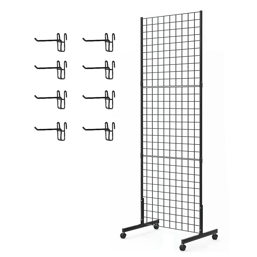 Eastern Tree 2'x5' Black Wire Gridwall Panel Display Stand with T-Base & Wheels - 3-Pack Retail Display Rack with 8 Hooks Included - Perfect for Craft Shows, Boutique Merchandising & Store Product Displays