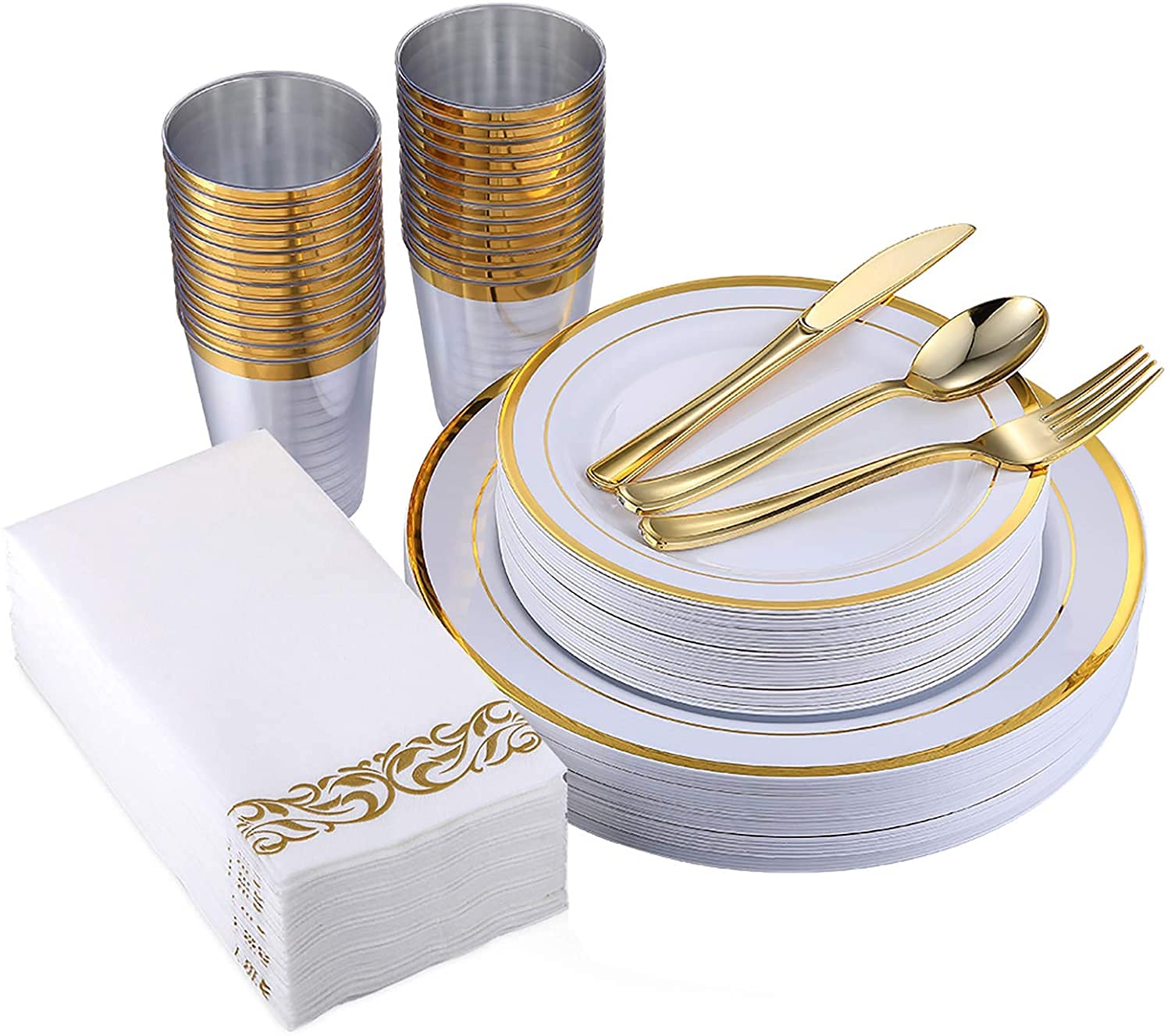 175-Piece Gold Disposable Dinnerware Set - 50 Gold Rim Plastic Plates, 25 Gold Plastic Cups, 25 Gold Plastic Silverware & 25 Linen-Like Gold Paper Napkins - Elegant Party Supplies for Weddings, Bridal Showers, Anniversaries & Formal Events