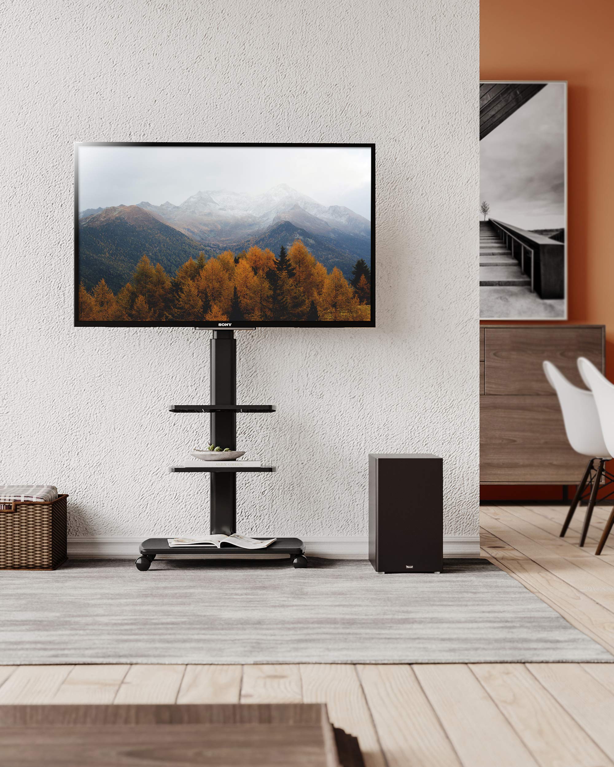 FITUEYES Universal Mobile TV Stand with Swivel Mount for 32-70 Inch Flat & Curved TVs - Heavy Duty Rolling TV Cart with Wheels (88 lbs Capacity, Max VESA 600x400mm) - Perfect for Living Room, Bedroom, or Office (Black)