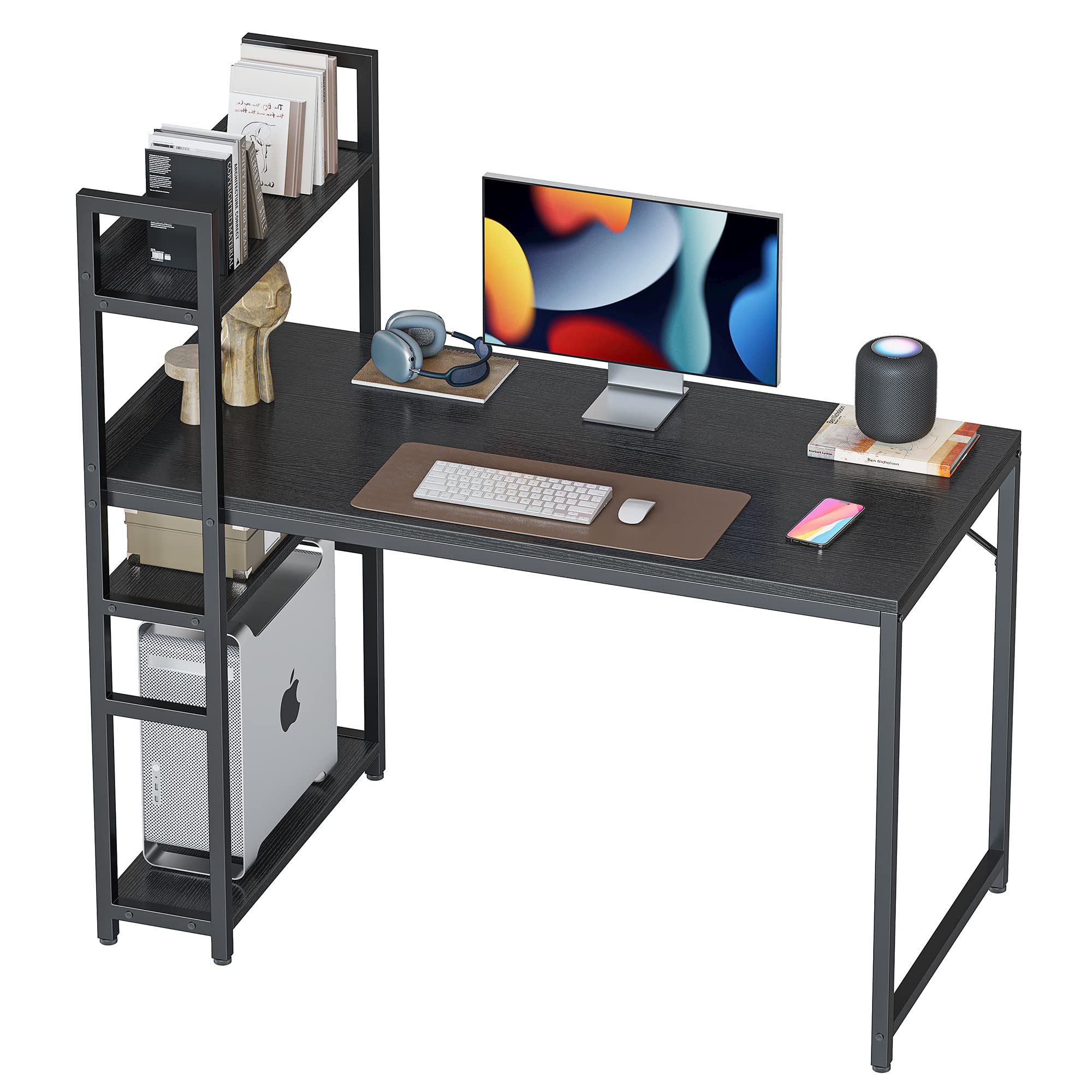 CubiCubi 47 Inch Modern Computer Desk with Storage Shelves, Study Writing Table for Home Office - Simple Style Black Desk for Small Spaces, Gaming & Remote Work