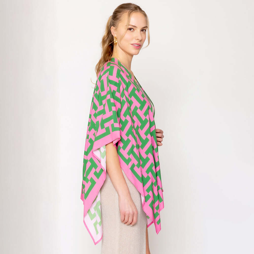 Geometric Pink & Green Ruana Poncho Shawl Wrap - Boho Chic Women's Fashion Accessory for Fall & Winter - Perfect for Layering, Outdoor Festivals, and Casual Outfits