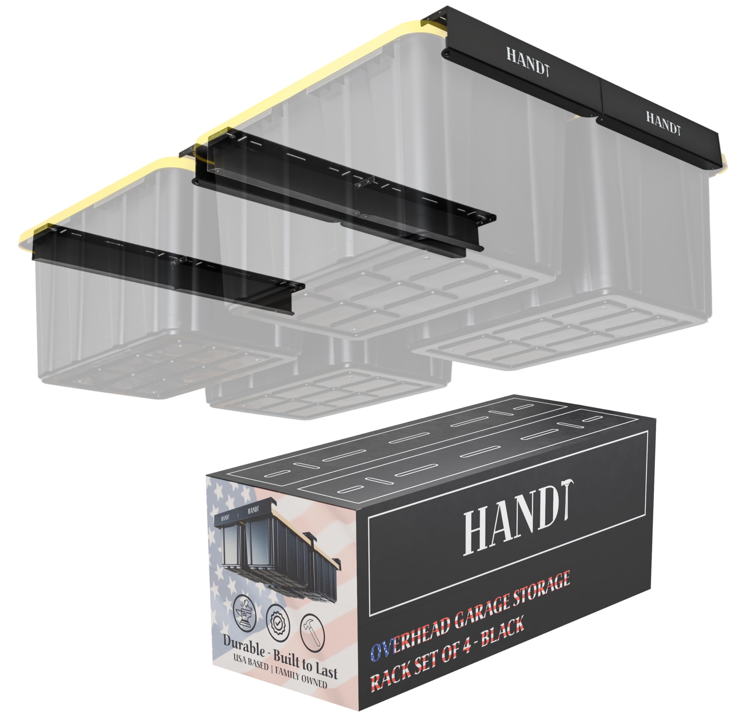 Heavy Duty Overhead Garage Storage Rack System - 4 Pack Black Metal Ceiling Shelving for 27 Gallon Tote Bins | Garage Organization, Attic Storage & Closet Space Saving Solution