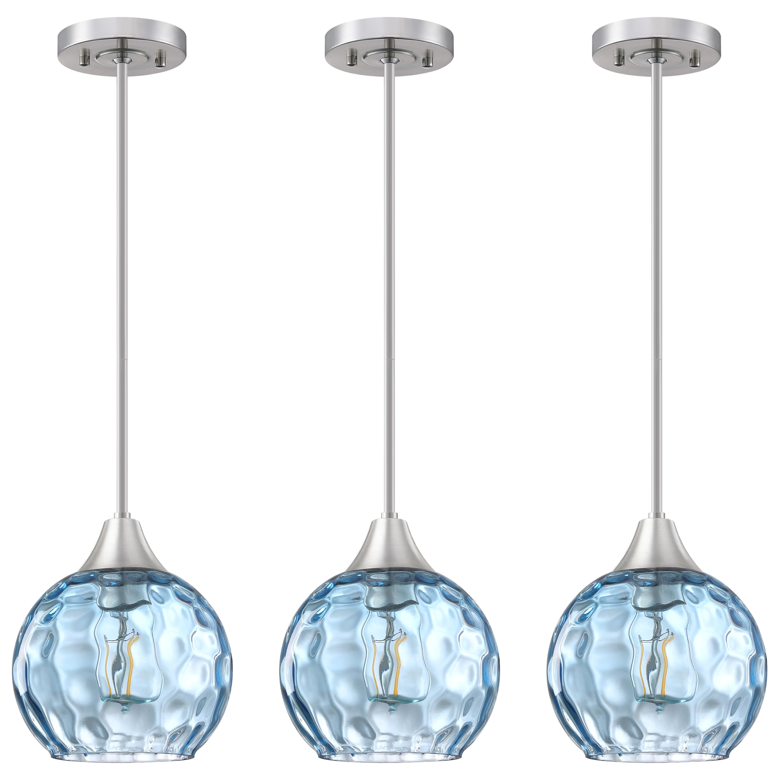 3 Pack Clear Hammer Blue Glass Pendant Lights - 6.3