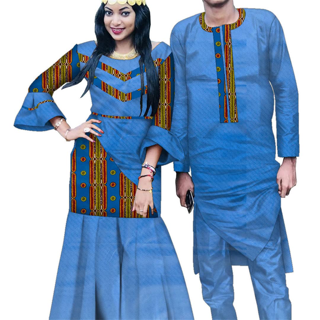 African Couple Dashiki Print Matching Outfits - Men's Long Robe Suit & Women's African Dress Set 24FS1244 S | Traditional Wedding, Anniversary & Cultural Celebration Attire