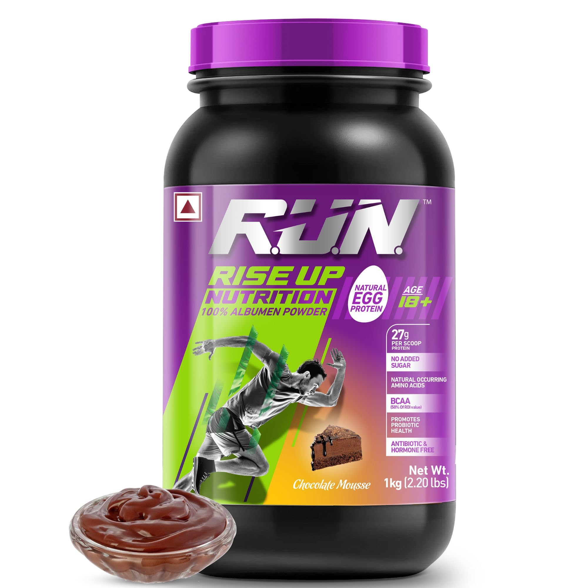 R.U.N-RISE UP NUTRITION Egg White Protein Powder - 27g Protein & 14g EAA per Serving | Lactose, Soy & Gluten Free | Chocolate Mousse Flavor - 1kg for Athletes, Gym & Fitness | Supports Immunity & Muscle Recovery - Perfect for Post-Workout Shakes, Smoothies & Baking