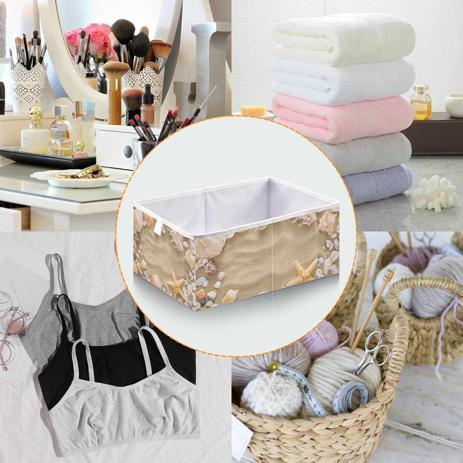 Foldable Collapsible Seashell Starfish Storage Baskets - 11x11 Inch Fabric Storage Bins for Shelves, Pantry, Closet & Office Organization | Perfect for Toys, Books, Clothes & Home Decor