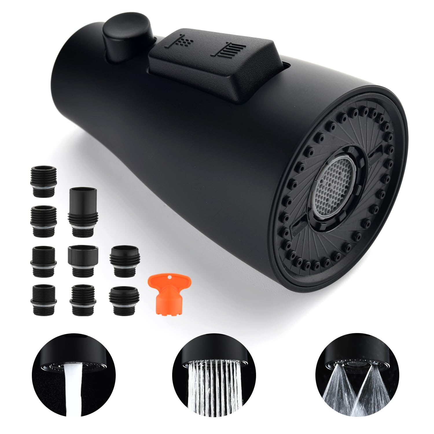 Upgraded GORDEE 3-Function Kitchen Faucet Sprayer Head Replacement (Stream/Spray/Blade) with Check Valve, 1.8 GPM Flow Rate - Includes 9 Adapters for Most Standard Faucets in Matte Black - Perfect for Sink Cleaning, Dish Washing & Food Prep