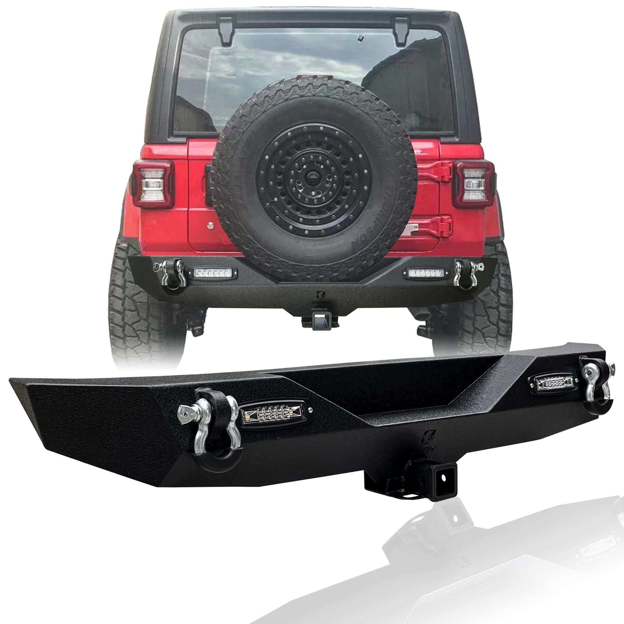 Jeep Wrangler JL JLU Rear Bumper with Hitch Receiver, 2x 24W LED Lights & 2x 4.75T D-Rings - Compatible with 2018-2025 Models | Off-Road Protection & Towing Accessory
