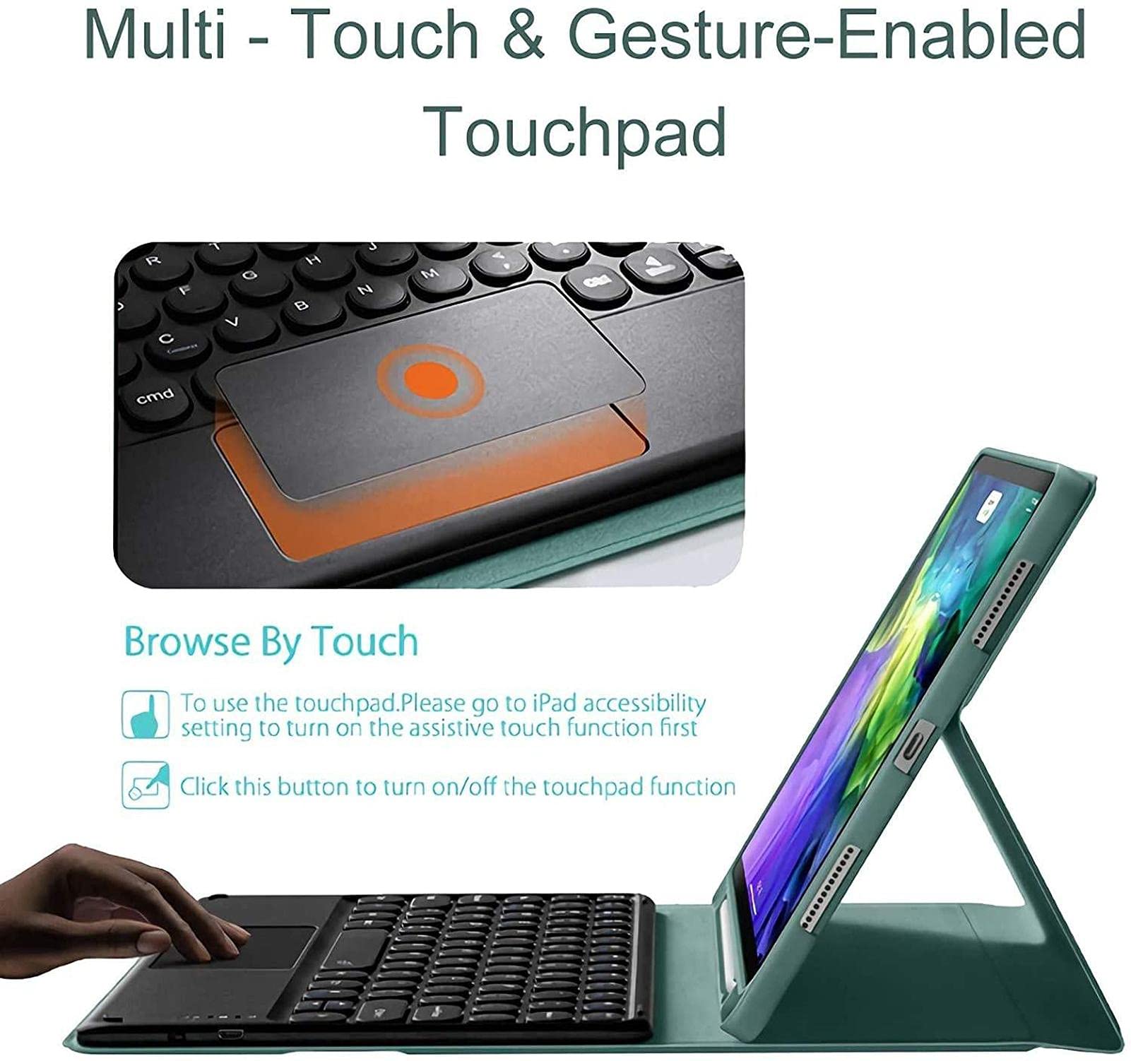 Bluetooth Keyboard Case for iPad Air 1/Air 2 9.7 Inch - Slim Leather Folio Cover with Touchpad, Green | Perfect for Work, Study & Travel