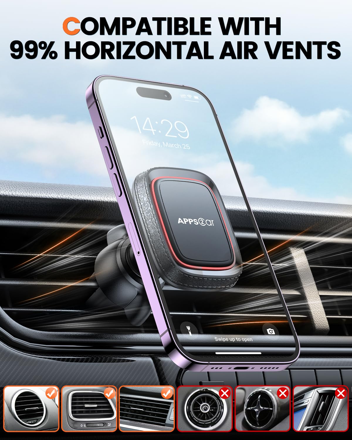 APPS2Car 2 Pack Magnetic Phone Car Mount - Strong 6 Magnet Vent Holder with Adjustable Tightening System for iPhone, Samsung & Smartphones | Perfect for Commuting, Road Trips & Hands-Free Driving