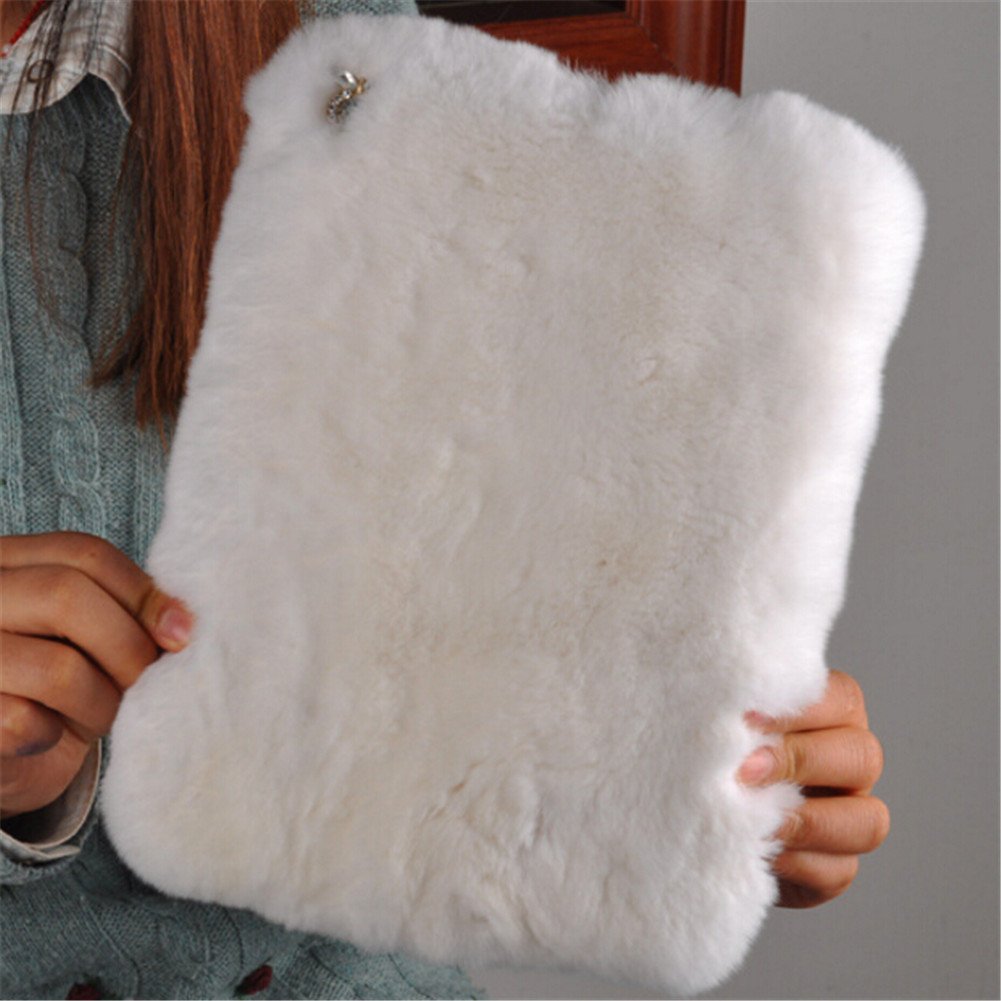 Luxury Bling Diamond Bowknot Fluffy Winter Case for iPad 6/Air 2 - Soft Beaver Rex Rabbit Fur Cover with Pendant, Warm & Stylish (White) - Perfect for Winter Travel, Home Use & Fashion Protection