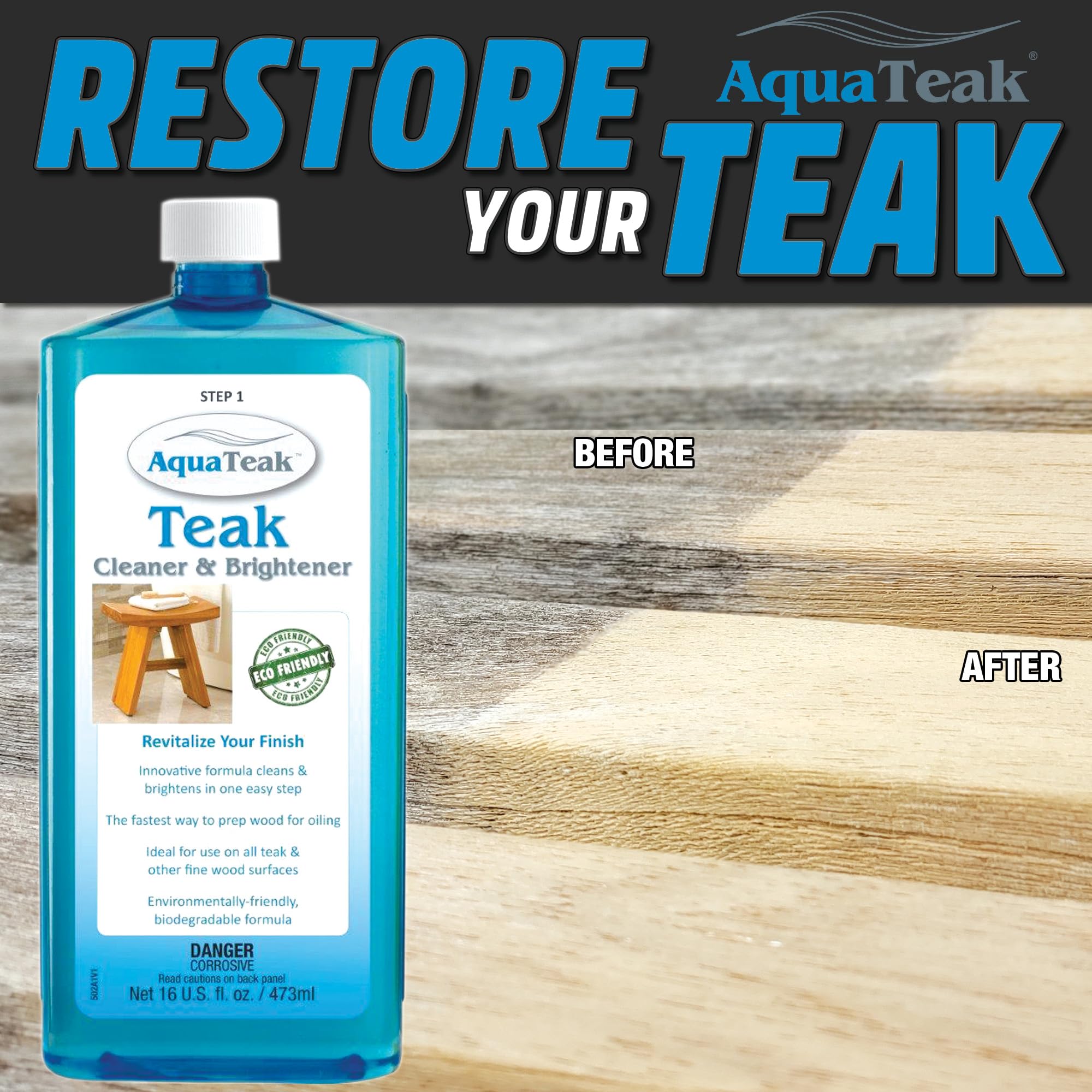 AquaTeak Premium Teak Wood Cleaner & Brightener - Restores & Protects Outdoor Furniture, Decks, and Boats - Ideal for Patio, Garden, and Marine Use