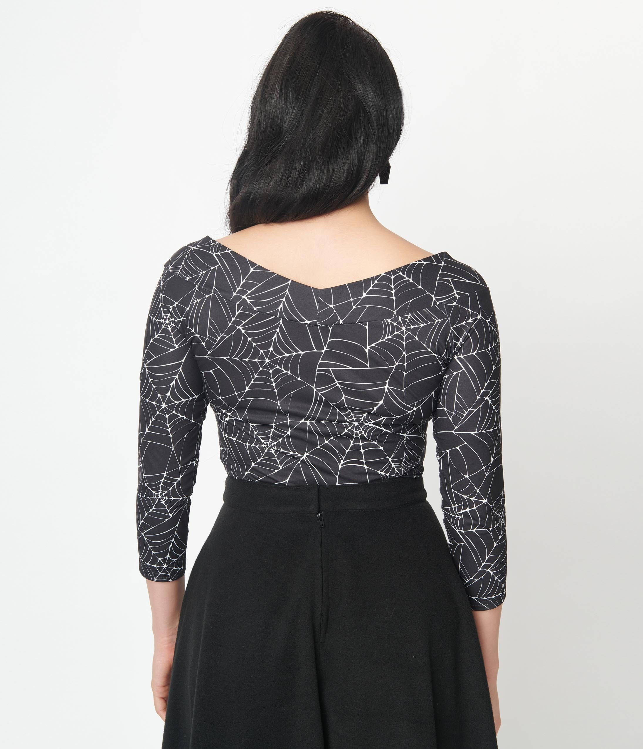 Vintage Black & White Spiderweb Scarlett Top - Gothic Retro Blouse for Women - Perfect for Halloween, Cosplay & Vintage Fashion Lovers