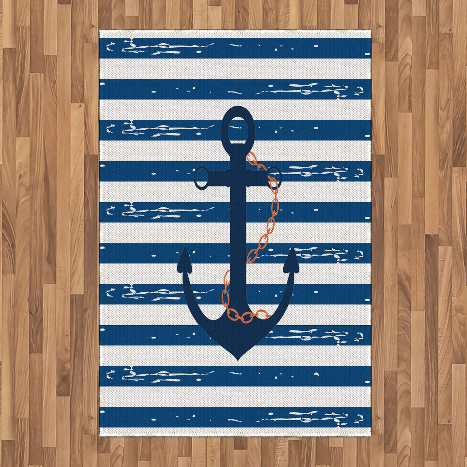 Ambesonne Nautical Anchor Area Rug - Blue and White Striped Marine Life Design, 4' x 5' 7