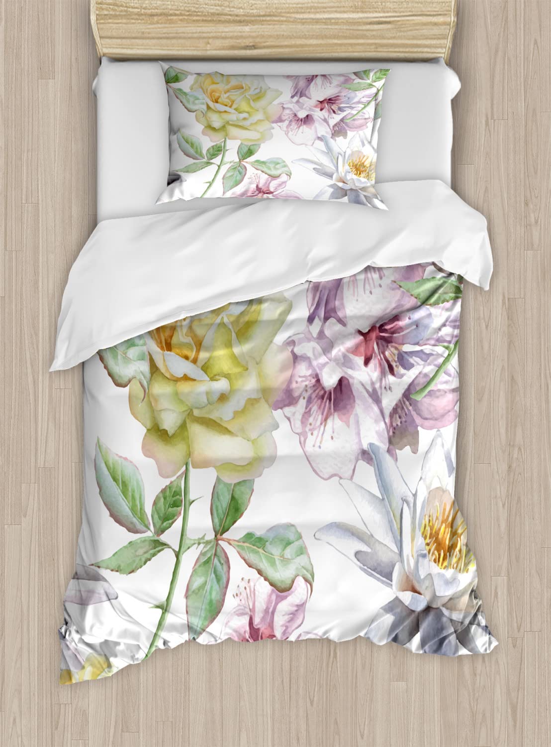 Ambesonne Floral Duvet Cover Set - Twin Size 2-Piece Bedding Set with Rose Petals Sakura Lily Flowers Design in Fern Green & Pale Pink | Soft & Breathable for Cozy Bedroom Decor, Guest Room, Dorm Room