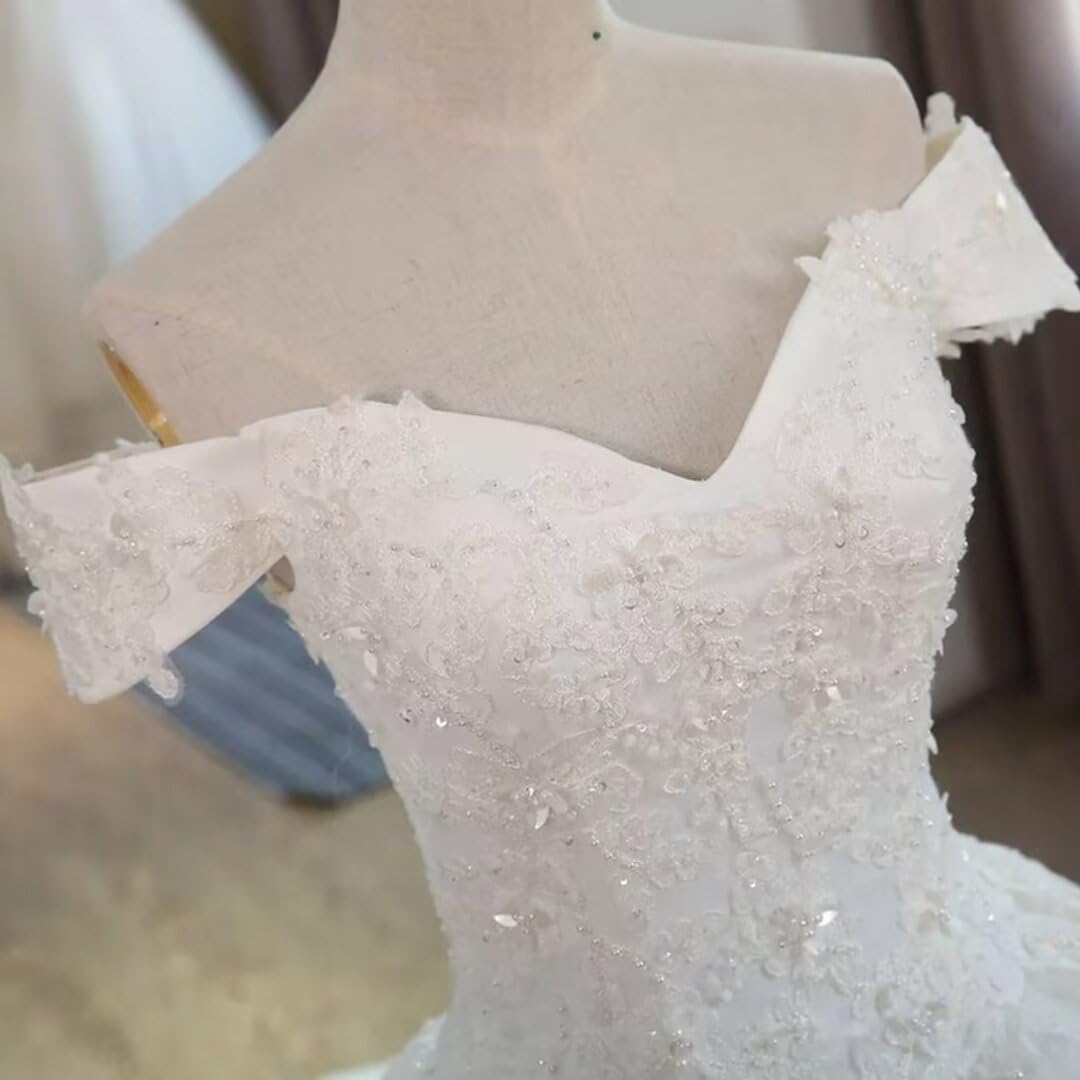 Elegant Off-Shoulder Princess Wedding Ball Gown with Lace Beaded Train - Puffy Tulle Bridal Dress for Bride | Perfect for Church Ceremonies, Beach Weddings & Formal Receptions