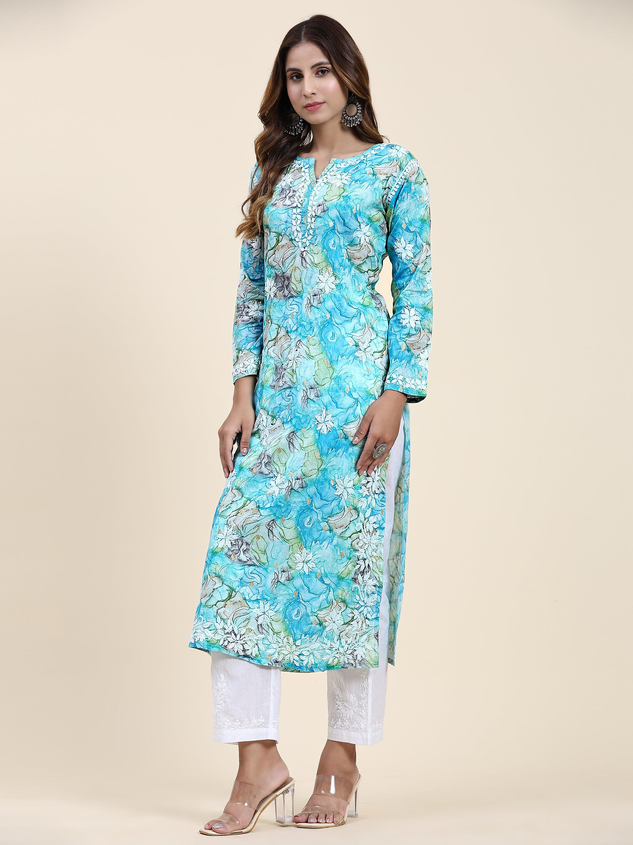Fizaa Chikankari Long Kurta for Women - Blue Floral Cotton Embroidered Tunic | Perfect for Festivals, Weddings & Ethnic Occasions