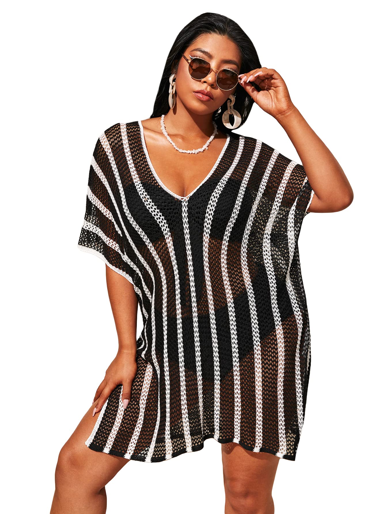 Floerns Women's Plus Size Striped Print Sheer V-Neck Kimono Beach Cover Up - Lightweight Summer Swimwear Coverup for Pool, Vacation & Boho Outfits