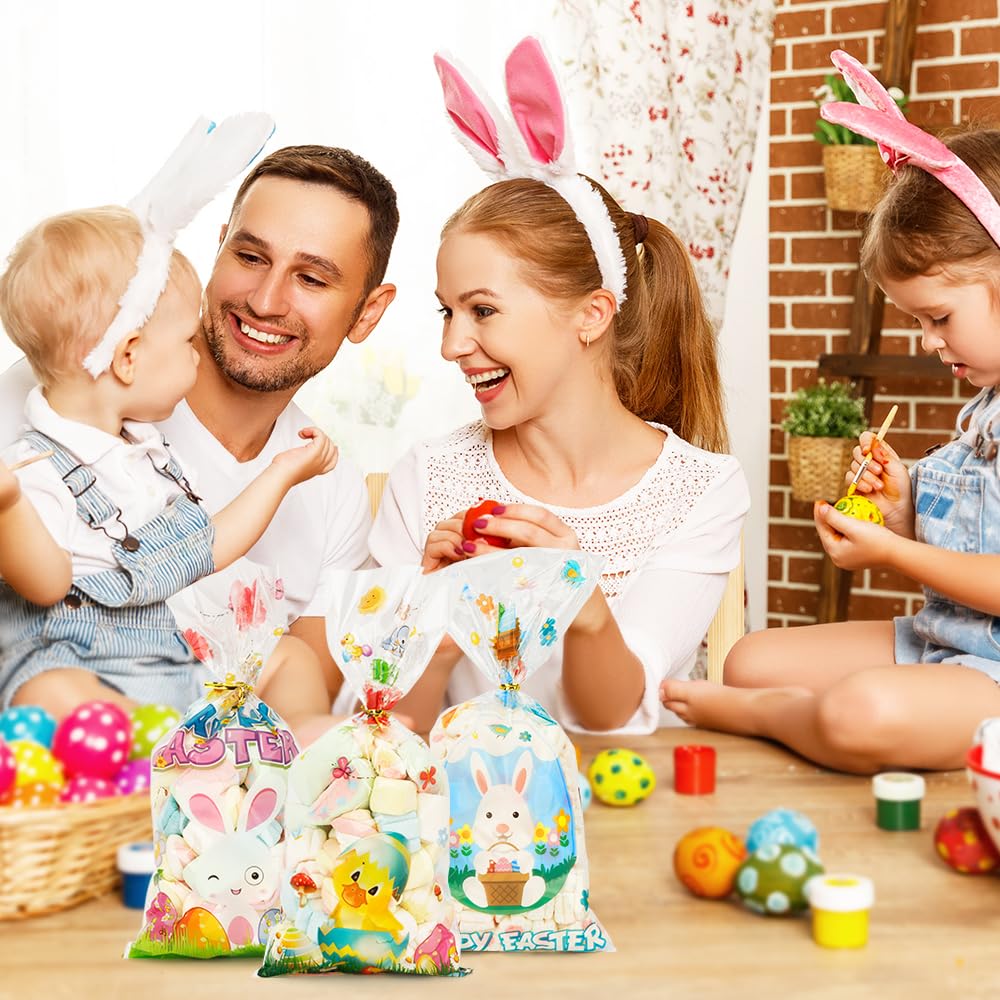 BOEIAC 100-Pack Easter Treat Bags - 4 Assorted Styles Cellophane Goodie Bags with Gold Twist Ties for Candy, Cookies & Party Favors - Perfect for Easter Celebrations, Classroom Treats & Gift Exchanges
