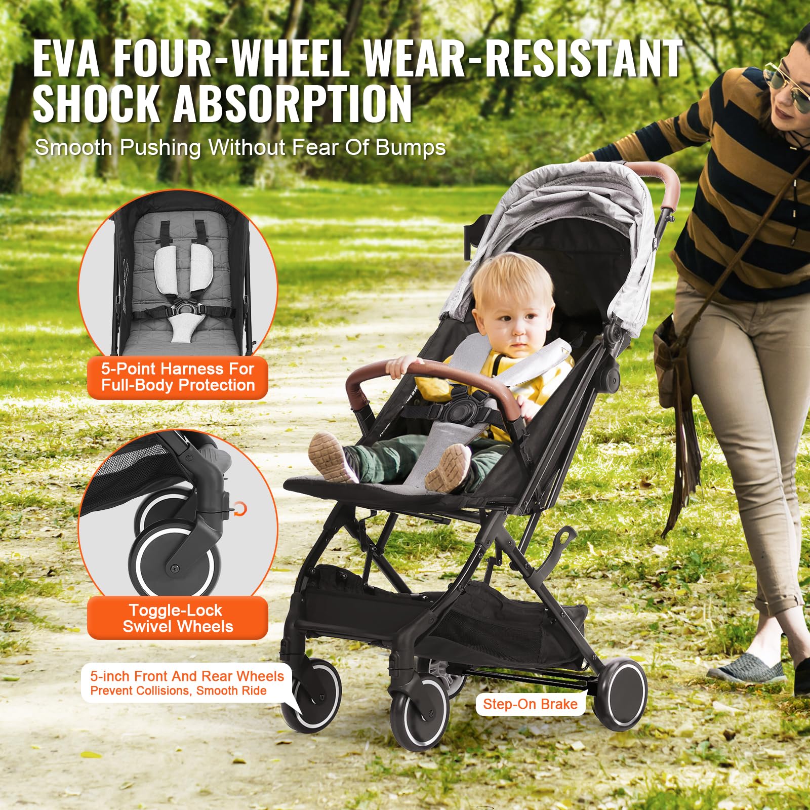 VEVOR Lightweight Baby Stroller with Adjustable Backrest (95°-150°) & Footrest (0°-90°), One-Click Fold, Cup Holder & Carry Bag - Perfect for Newborns & Toddlers - Ideal for Shopping, Travel & Daily Walks (Light Grey)