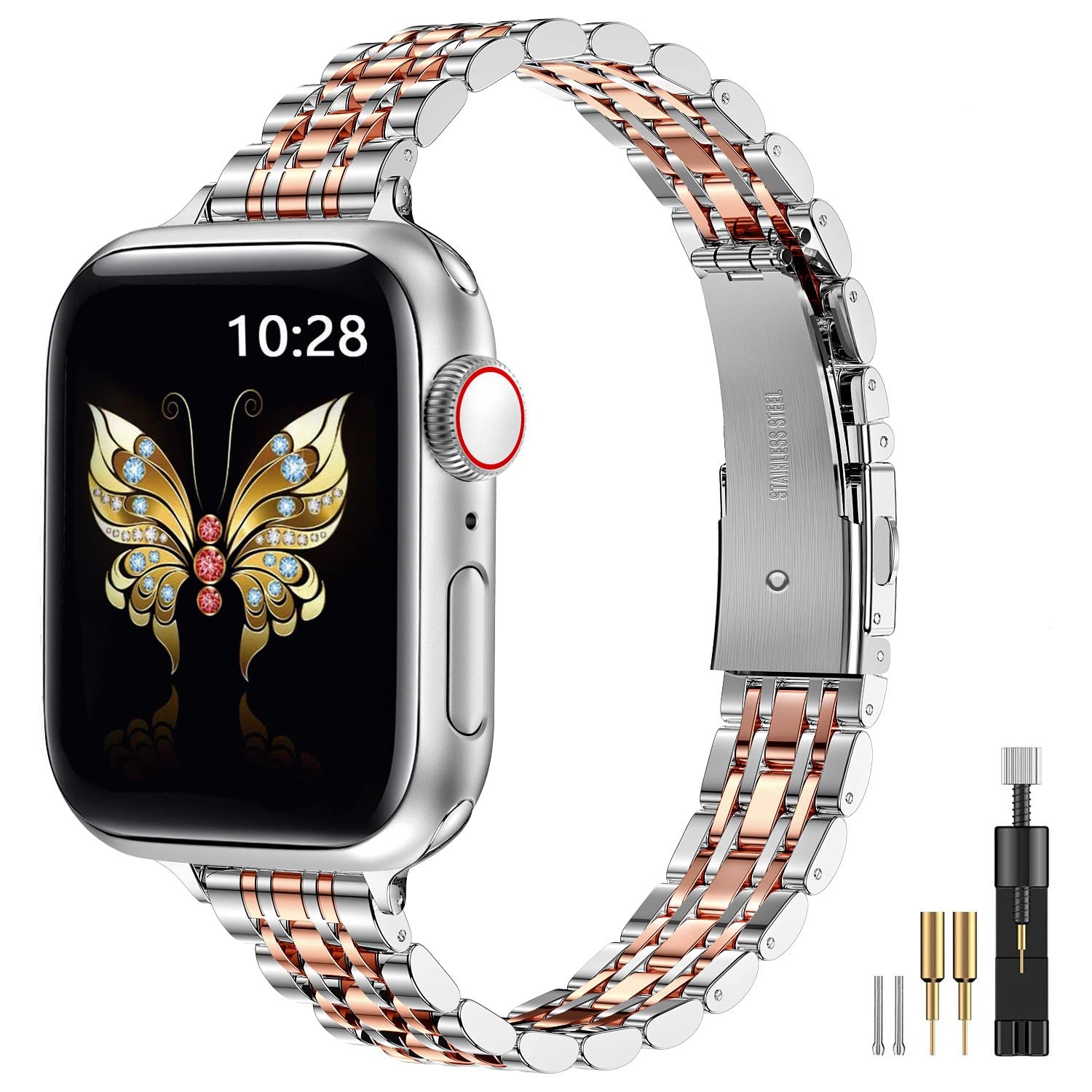 Slim Metal Band Compatible with Apple Watch Series 10/9/8/7/6/5/4/3/2/1/SE/Ultra 2 - 49mm 46mm 45mm 44mm 42mm Stainless Steel Strap for Women & Men - Silver & Rose Gold Options | Perfect for Workouts, Office Wear & Everyday Fashion Accessory