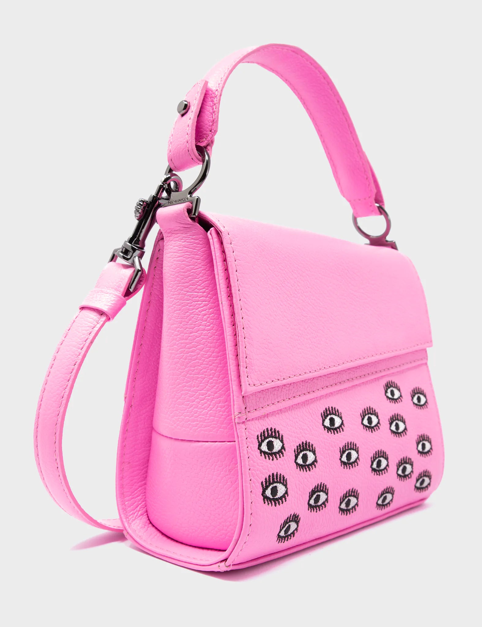 Anastasio Micro Crossbody Handbag - Pink Leather with Eyes Embroidery - Perfect for Women's Daily Use, Travel & Parties