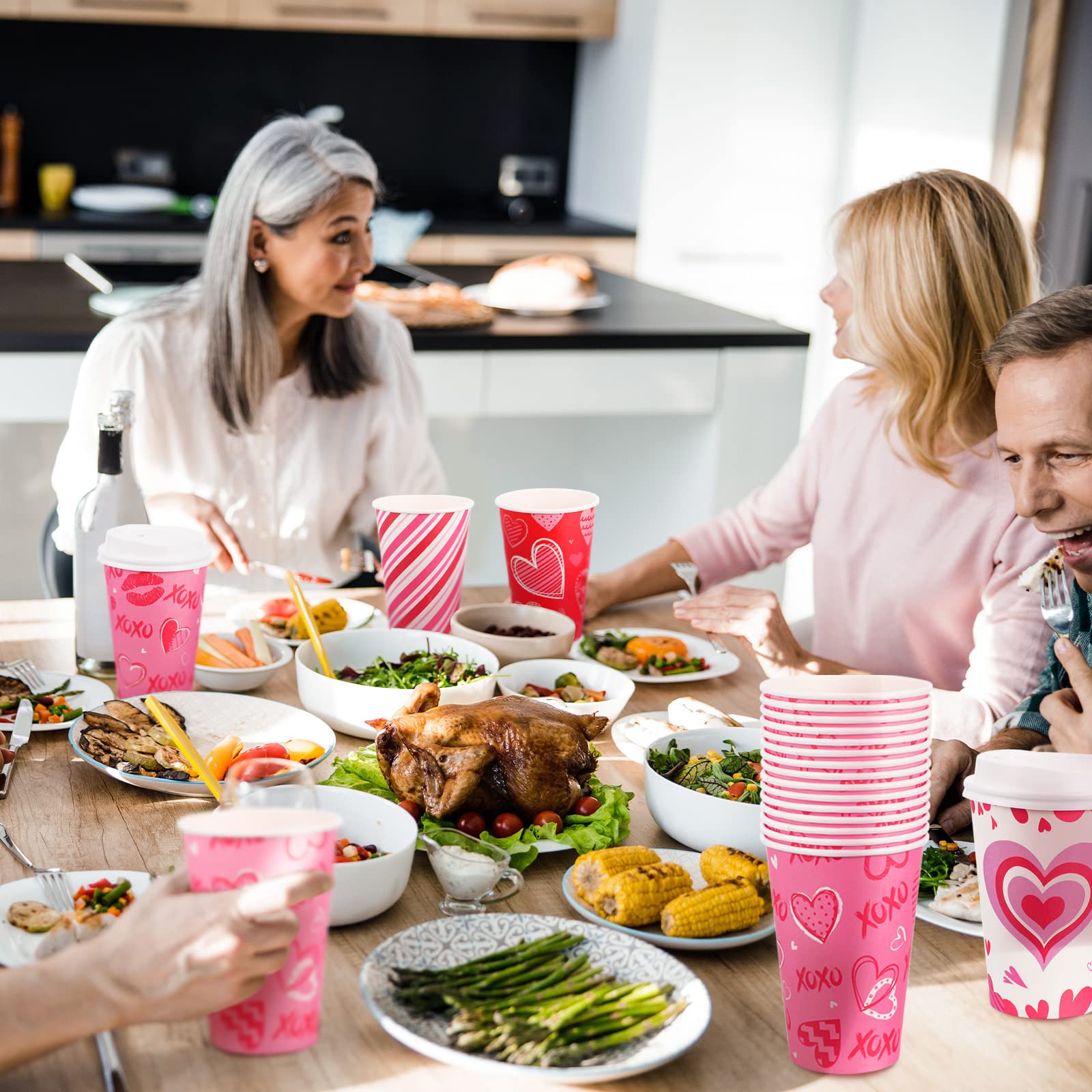 Funtery 60-Pack 12oz Valentine's Day Disposable Paper Cups with Lids - Pink Heart Design for Hot Chocolate, Coffee, Tea & Beverages - Perfect for Valentine's Parties, Christmas Celebrations & Coffee Bar Essentials