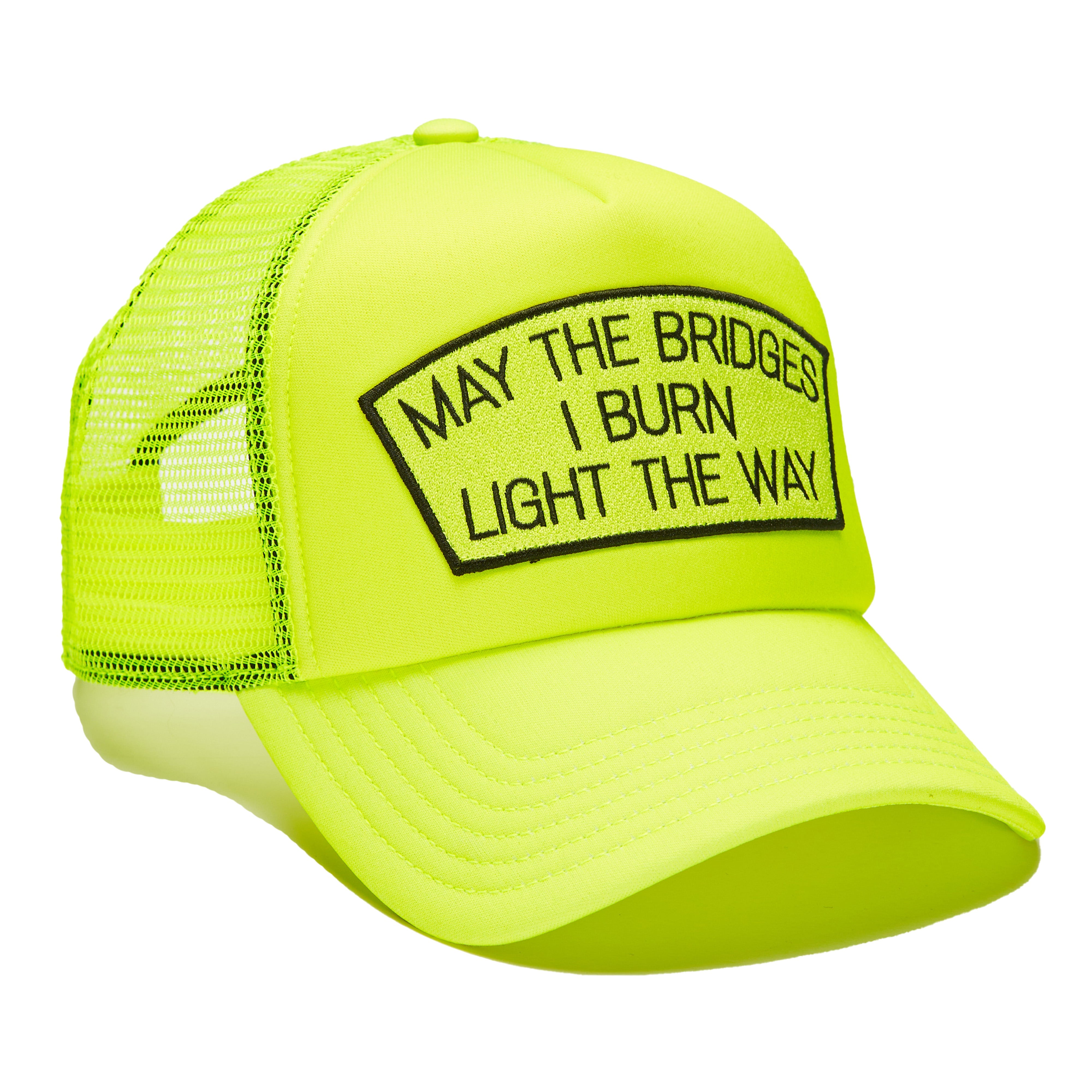 MAY THE BRIDGES I BURN Mesh Back Trucker Hat - Neon Yellow Adjustable Snapback Cap for Outdoor Activities, Concerts & Streetwear Fashion