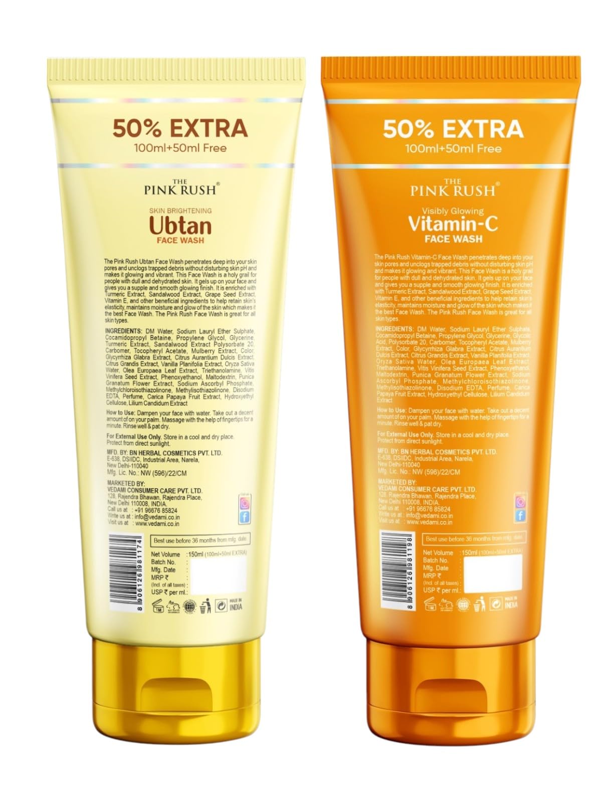 Vitamin C & Ubtan Face Wash Combo for Glowing Skin - 2 Pack (100ml Each) for Men & Women - Brightening, Exfoliating & Hydrating - Perfect for Daily Skincare Routine & Travel