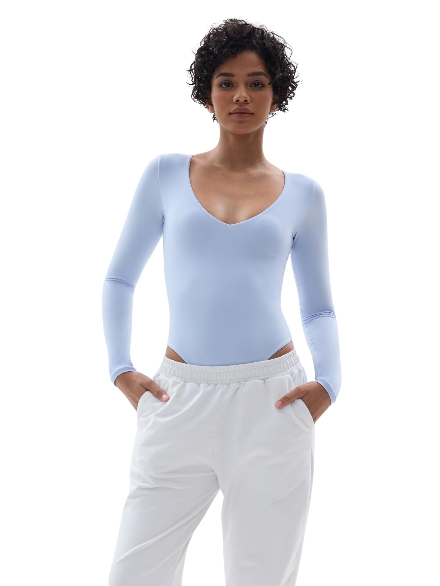 SHAPERX Women's V Neck Long Sleeve Bodysuit - Super Soft Stretchy Slim Fit T-Shirt Top for Everyday Wear, Work & Layering