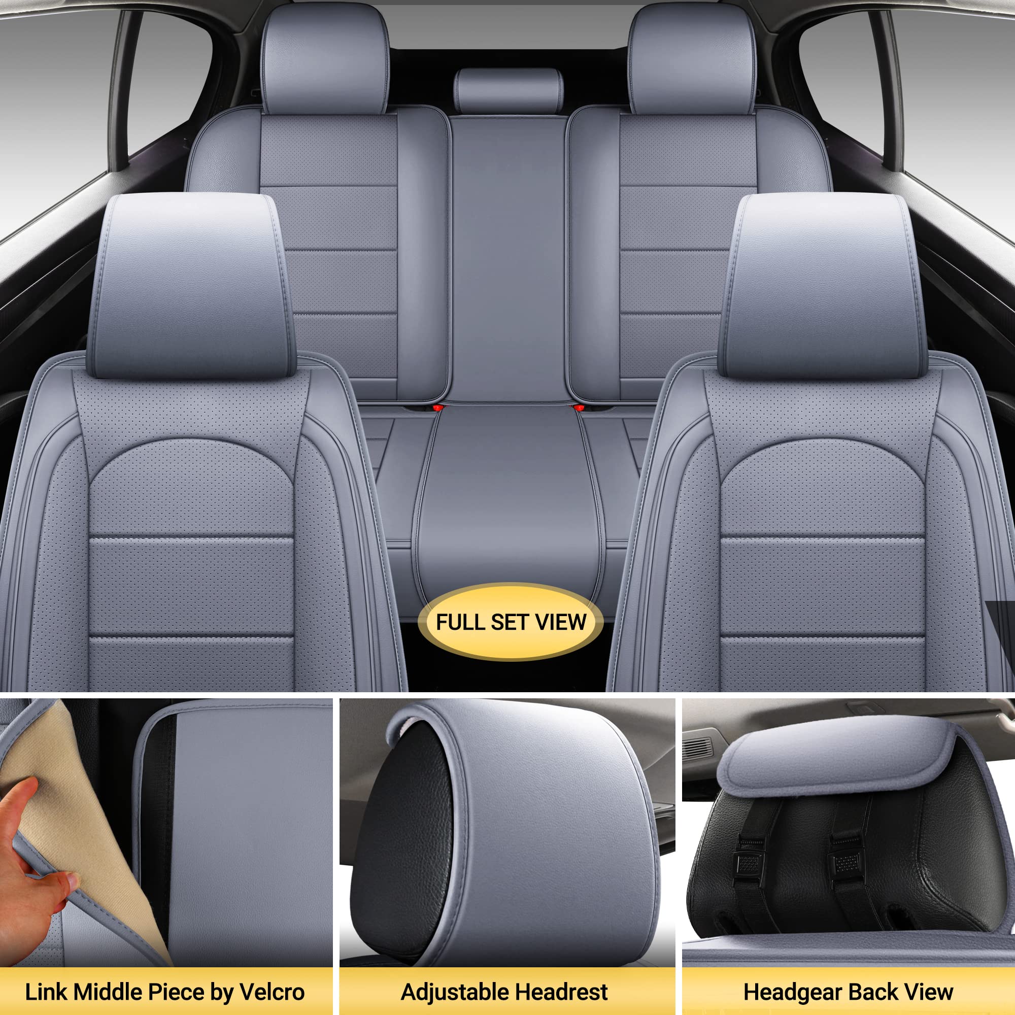 Premium AOOG Leather Car Seat Covers with Backseat Organizer - Universal Fit for Most Sedans, SUVs & Trucks (Full Set, Grey) - Protect & Upgrade Your Vehicle Interior for Daily Commute & Road Trips