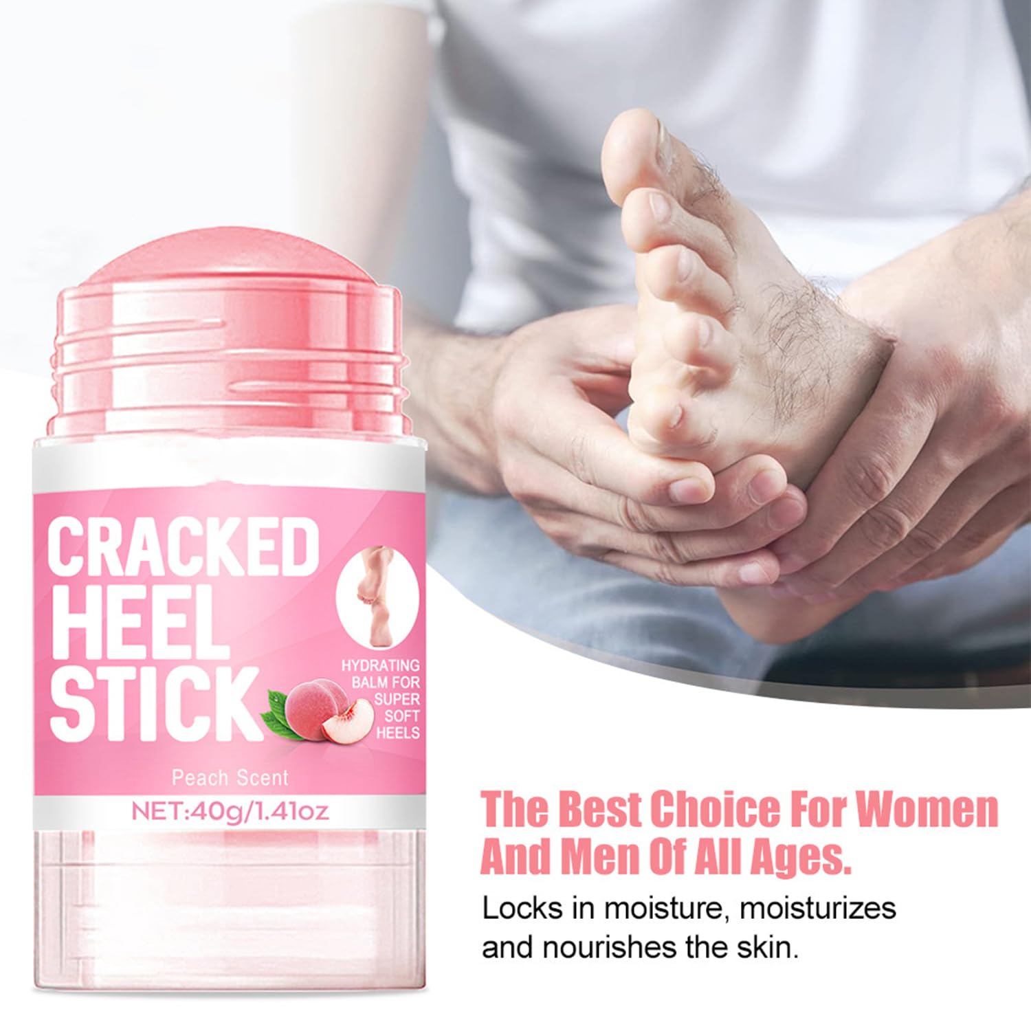 Peach Scented Foot Cream for Dry Cracked Feet - Natural Plant Oil Moisturizer for Heels, Knees, Elbows & Hands - 1.41oz Smoothing Balm Stick - Perfect for Night Care & Cracked Heel Repair