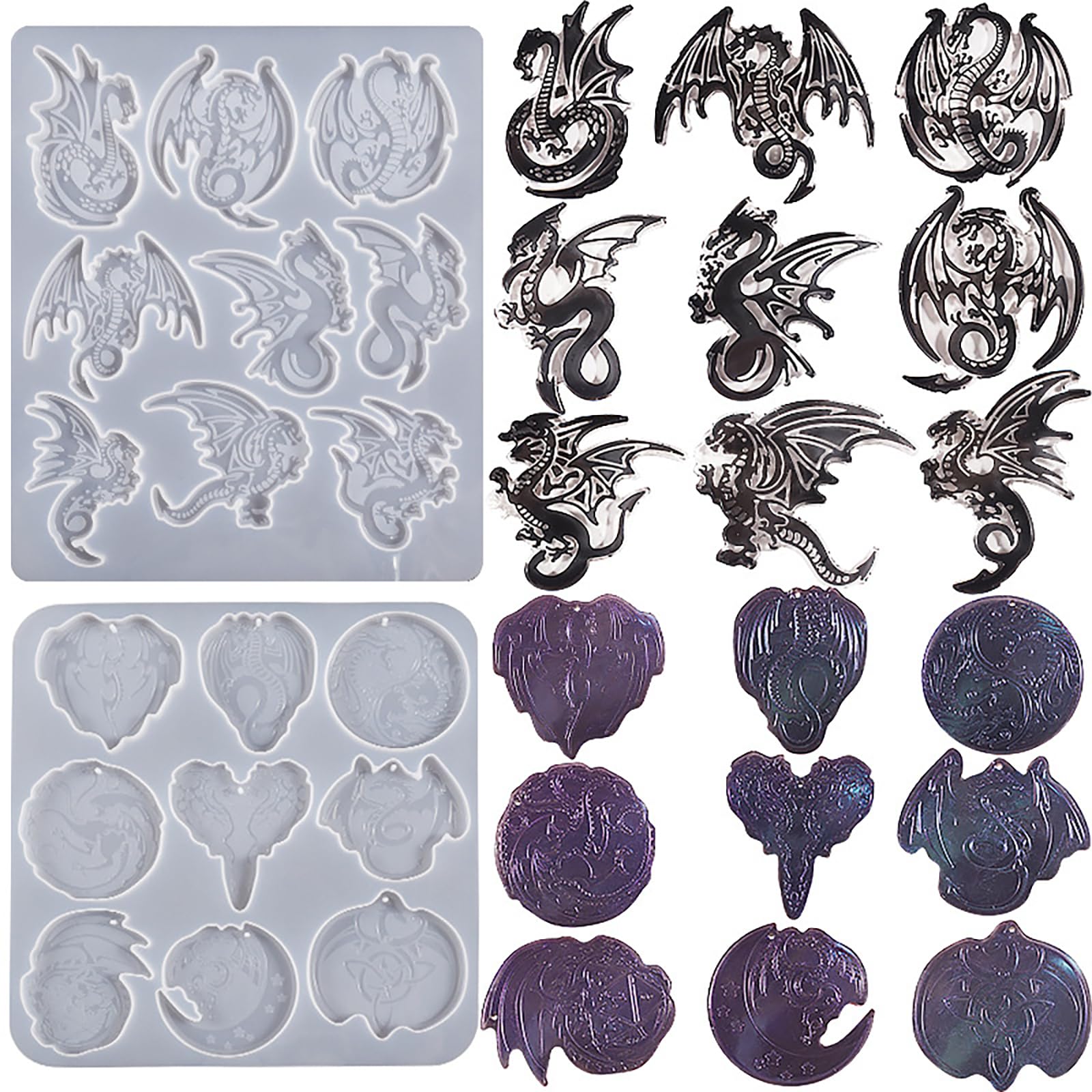 2 Pack Dragon Keychain Resin Mold - 9 Cavities Each - Multiple Style - Pendant - Resin Casting Silicone Molds for Home Decor & Candle Making - Perfect for DIY Crafts, Jewelry Making, and Gift Ideas