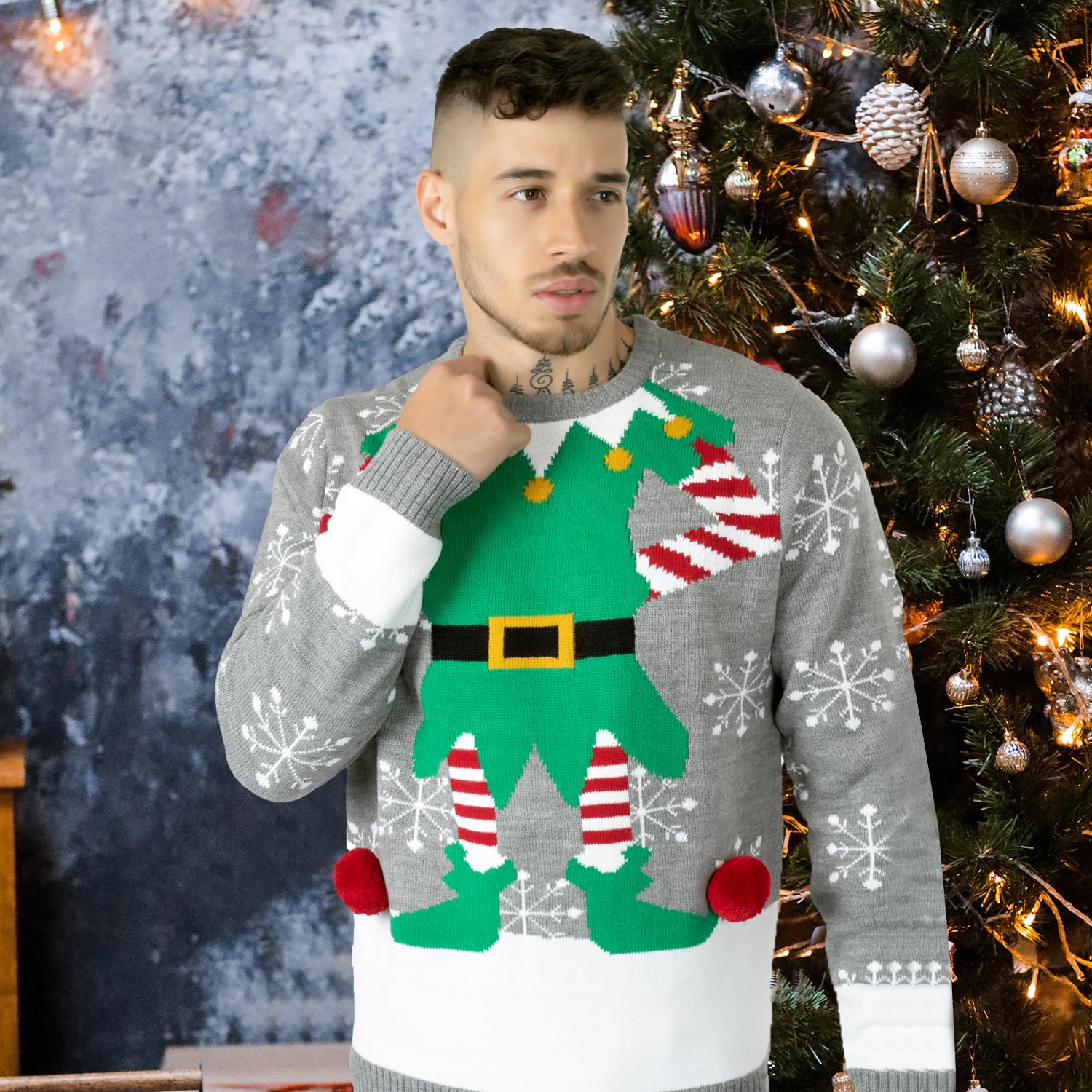 NOROZE Christmas Sweater for Men & Women - Elf Knit Jumper (Grey, XXL) - Holiday Party Wear