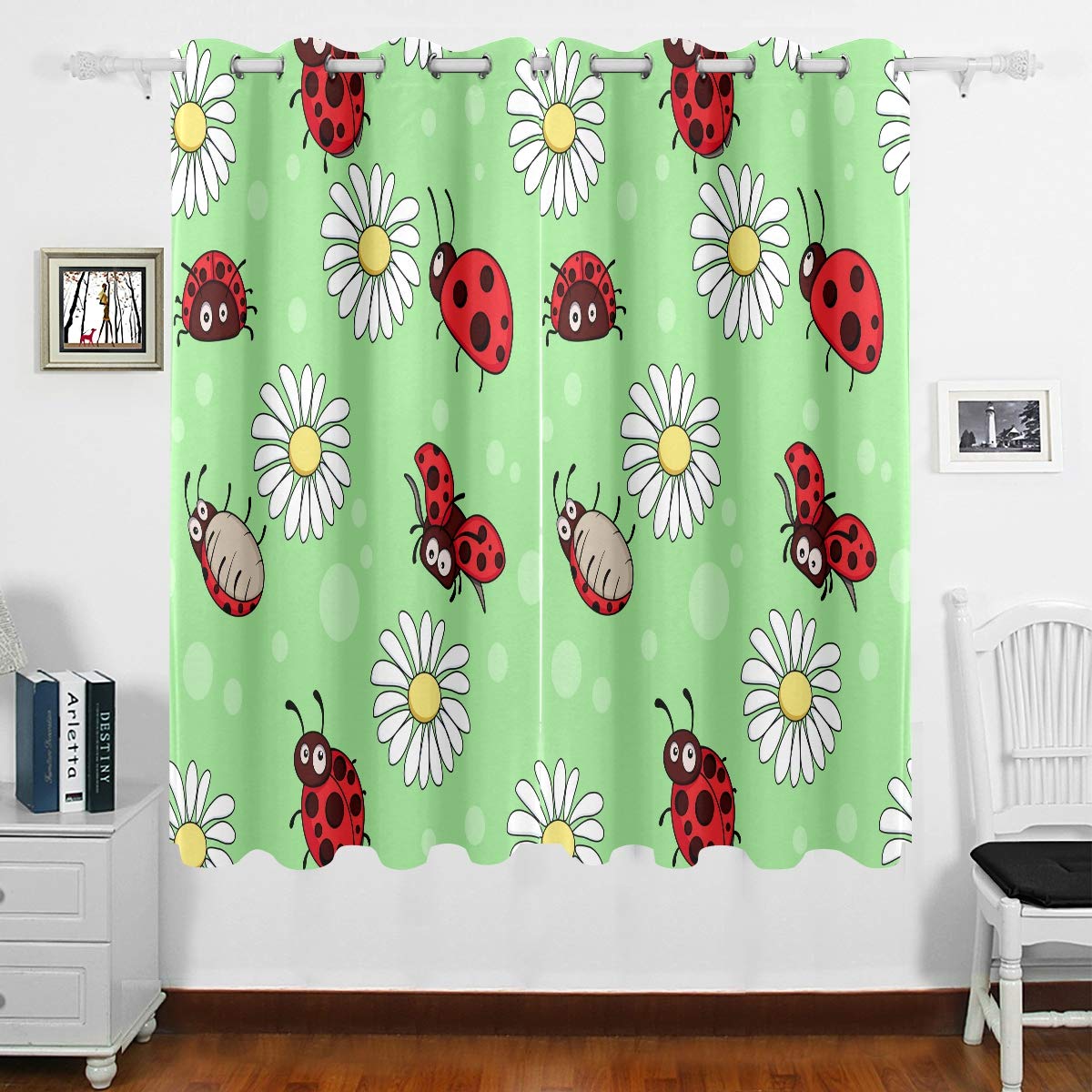 DOMIKING Blackout Curtains Thermal Insulated Grommet Drapes - Ladybugs Pattern Window Treatments for Bedroom Living Room Kitchen (63x55 Inch) | Noise Reducing & Energy Saving Home Decor for Better Sleep & Privacy