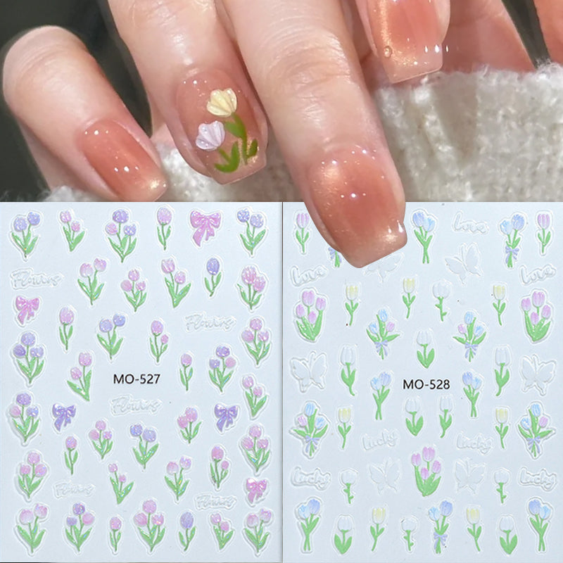 3D Spring Tulip Embossed Flower Jelly Nail Stickers - Set of 3 Designs (MO-527/528/529) for Gel Polish Manicure & Nail Art Decoration - Perfect for Spring Parties, Weddings and DIY Nail Salon