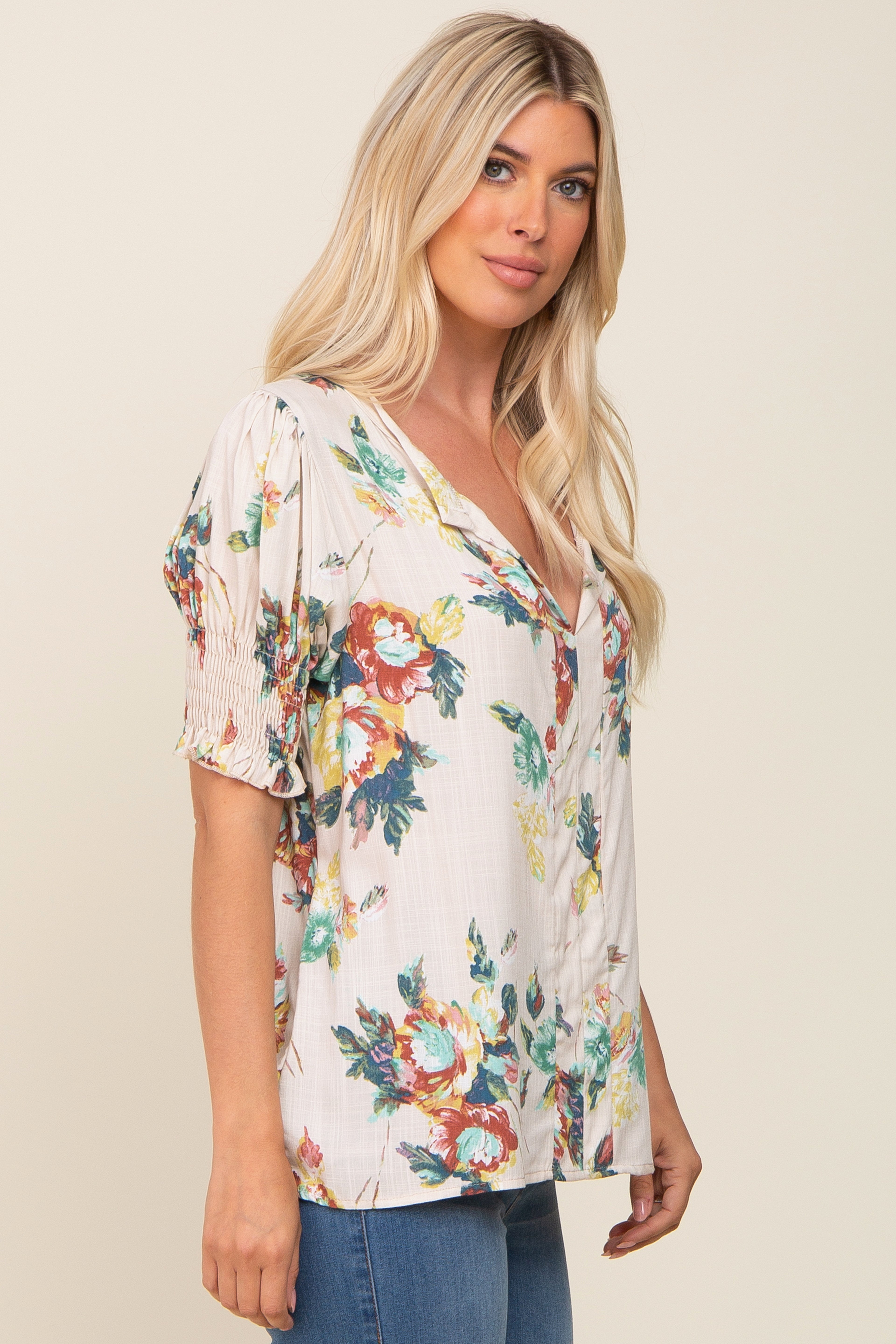 Beige Floral Smocked Sleeve Blouse - Women's Elegant Ruffled Tunic Top for Spring & Summer | Perfect for Casual Outings, Date Nights & Office Wear