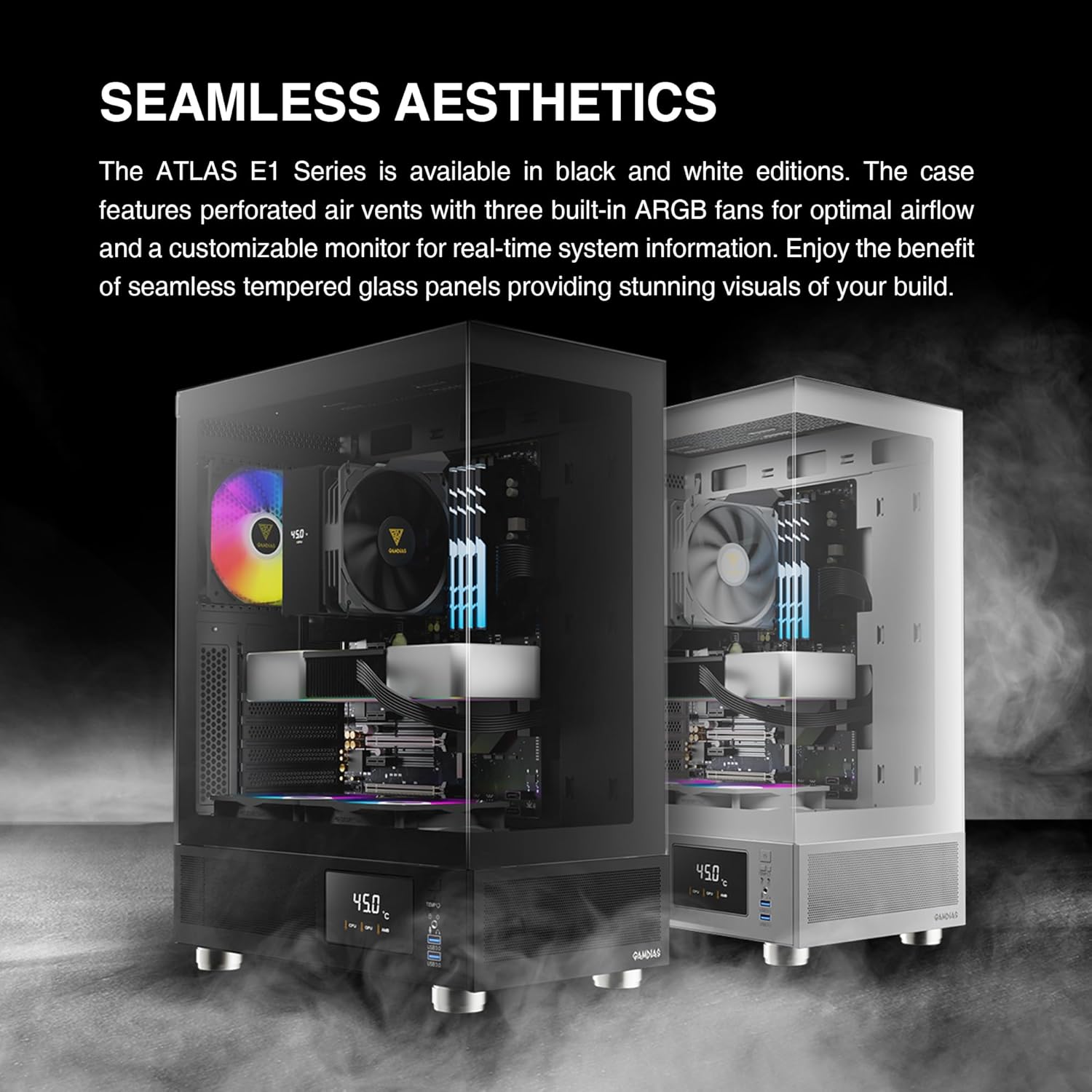 GAMDIAS GD ATLAS E1 ATX Mid Tower Gaming PC Case - Black | High Airflow, Tempered Glass, RGB Lighting | Perfect for Gaming Rigs & Workstations