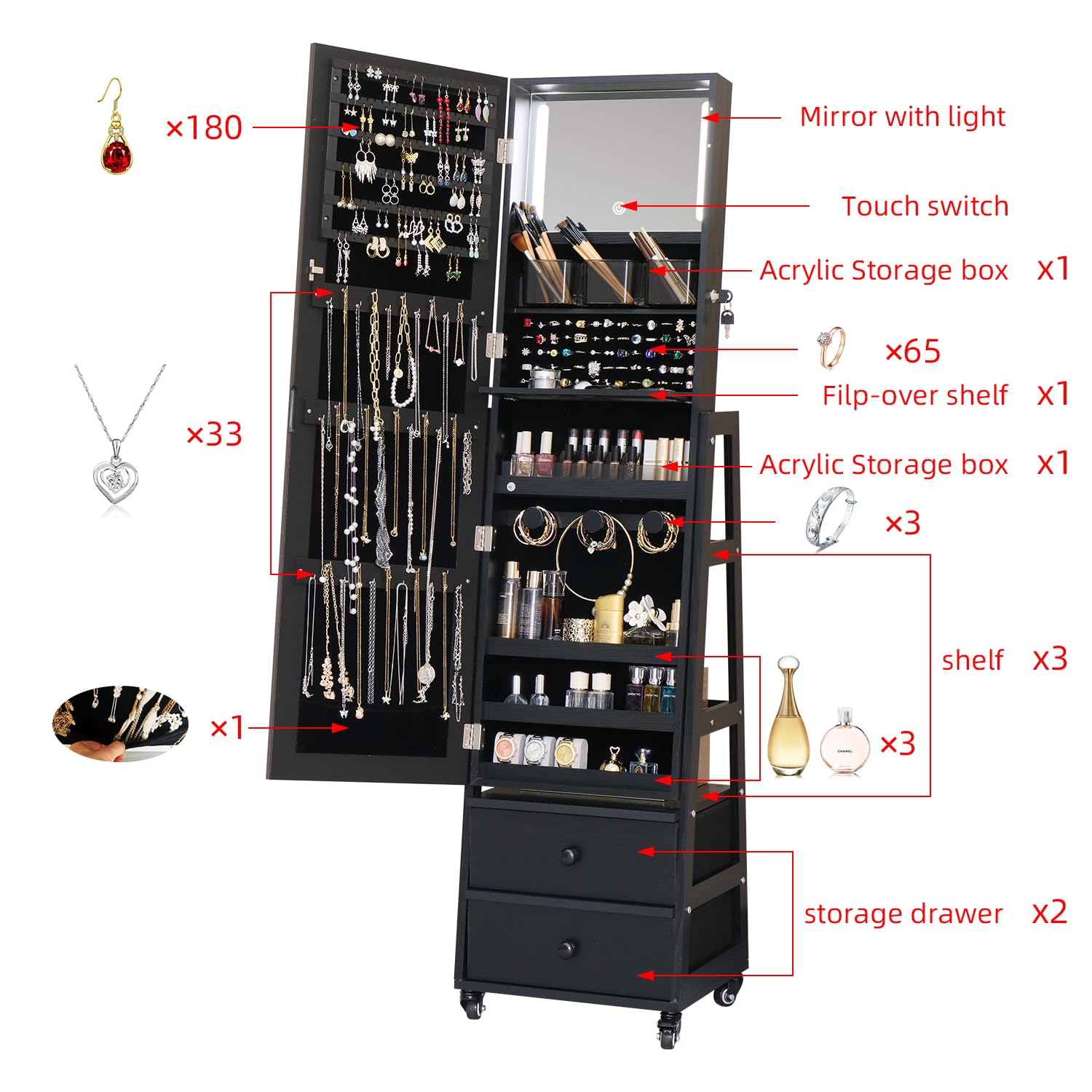 Lockable Jewelry Cabinet with Full-Length Standing Mirror, Drawers & Wheels - Jewelry Organizer Armoire with Back Storage Shelves for Bedroom Decor - Perfect Christmas Gift for Women & Friends (Black) | Ideal for Bedroom Vanity, Closet Organization & Gift-Giving