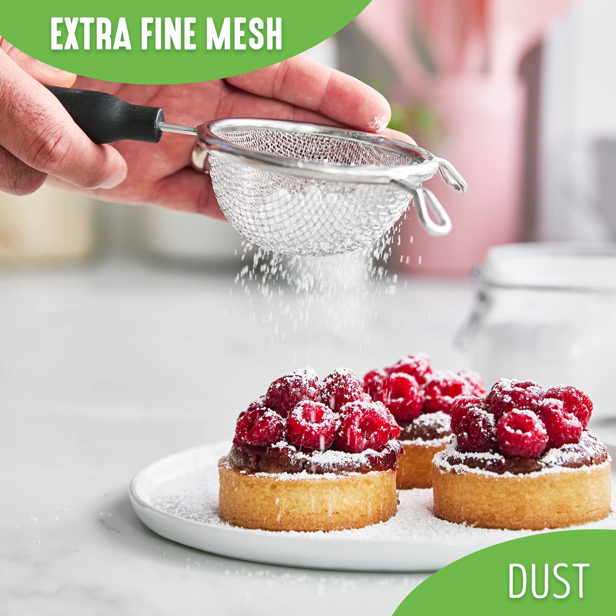 GreenLife 4-Piece Stainless Steel Mesh Strainer Set - Fine Kitchen Colander with Cool-Touch Handles, Dishwasher Safe & BPA-Free (Grey) - Perfect for Straining Pasta, Washing Vegetables, and Draining Canned Goods