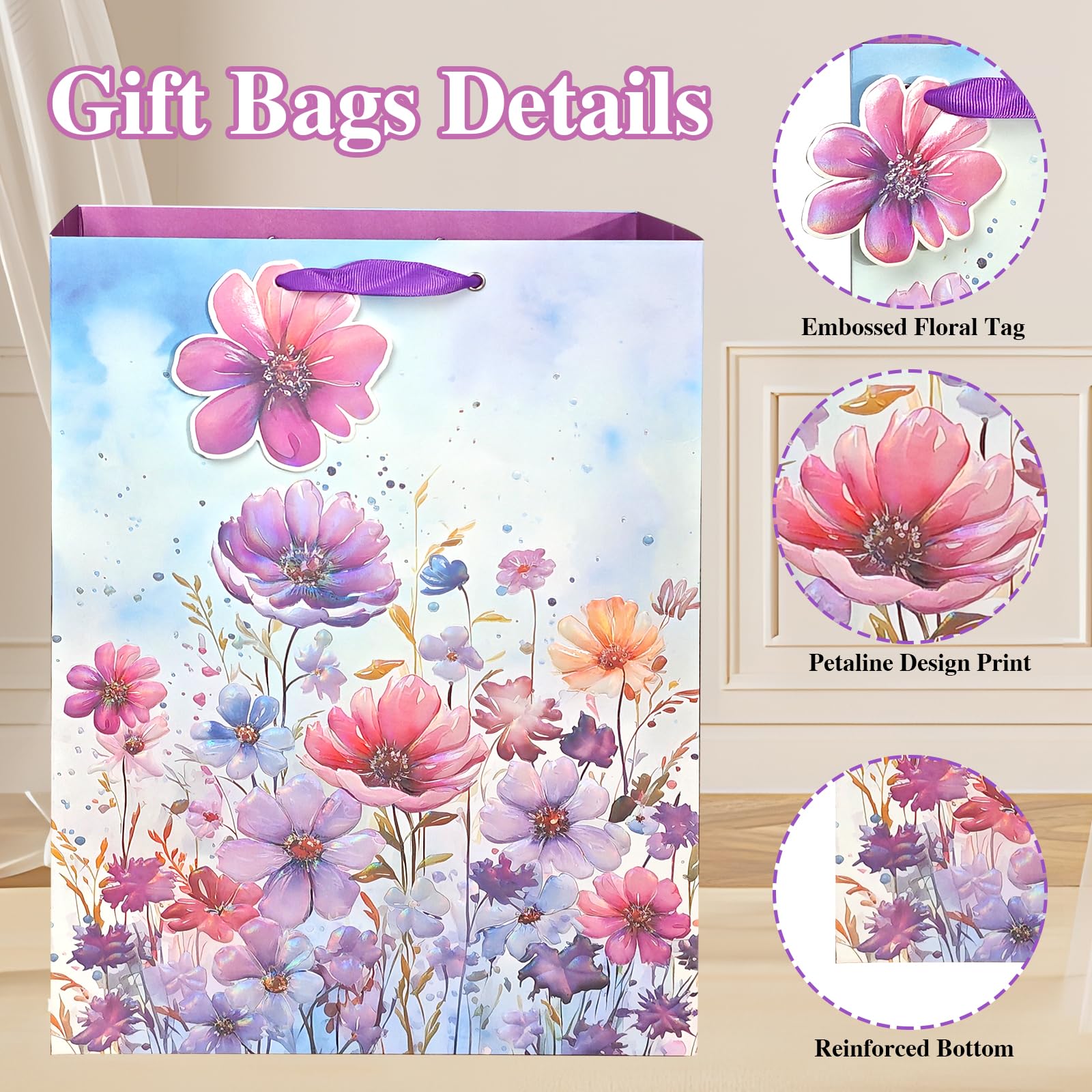6 Pack Purple Floral Embossed Gift Bags with Handles - Includes 8 Tissue Papers for Baby Showers, Birthdays, Weddings & Special Occasions - Perfect for Girls, Women & Party Favors