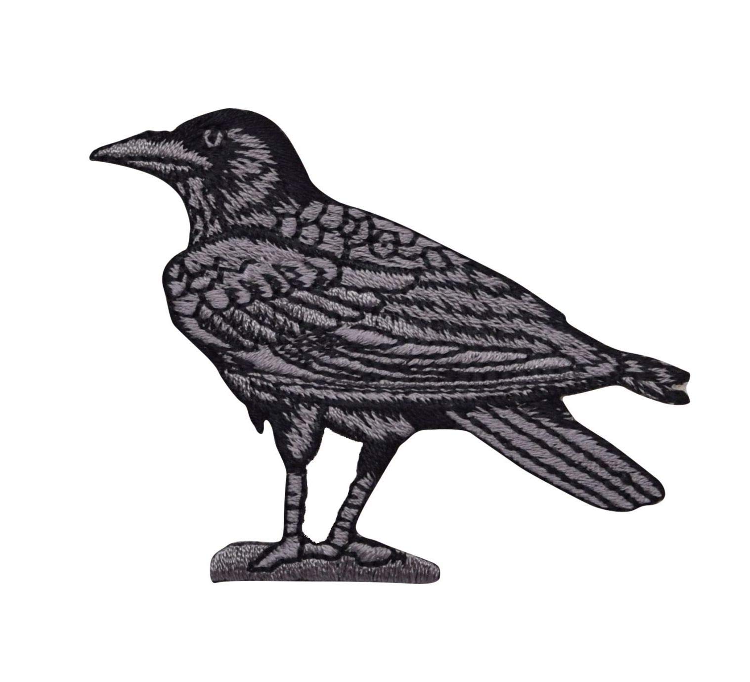Raven Crow Embroidered Iron On Patch - Black Gray Bird Design Facing Left - DIY Sew On Applique for Jackets, Hats, Bags & Costumes