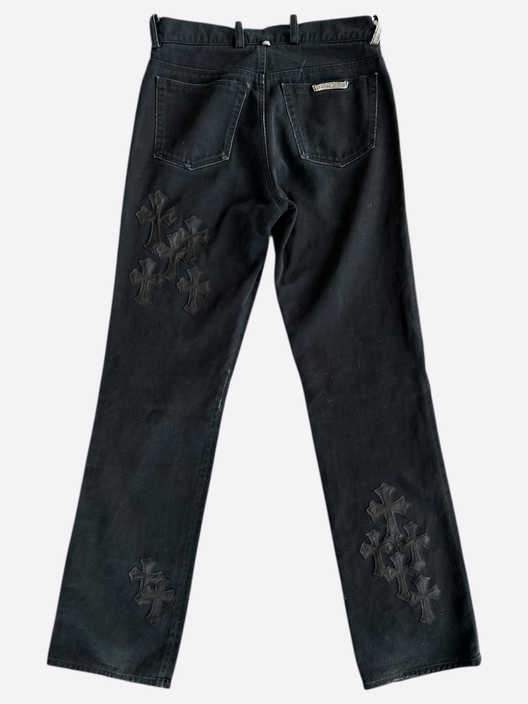 Chrome Hearts Black Cross Fleur Patch Jeans - Punk Rock Gothic Denim Pants for Men & Women | Perfect for Concerts, Parties & Streetwear Fashion