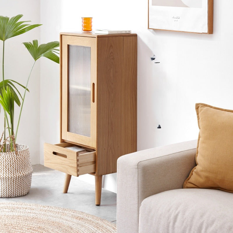 Solid Oak Wood Glass Door Display Cabinet - Stylish Storage for Living Room, Bedroom, or Office